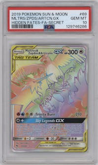 Moltres/Zapdos/Articuno GX from the 2019 Pokemon S&M  set graded by PSA and given an overall grade of 10.