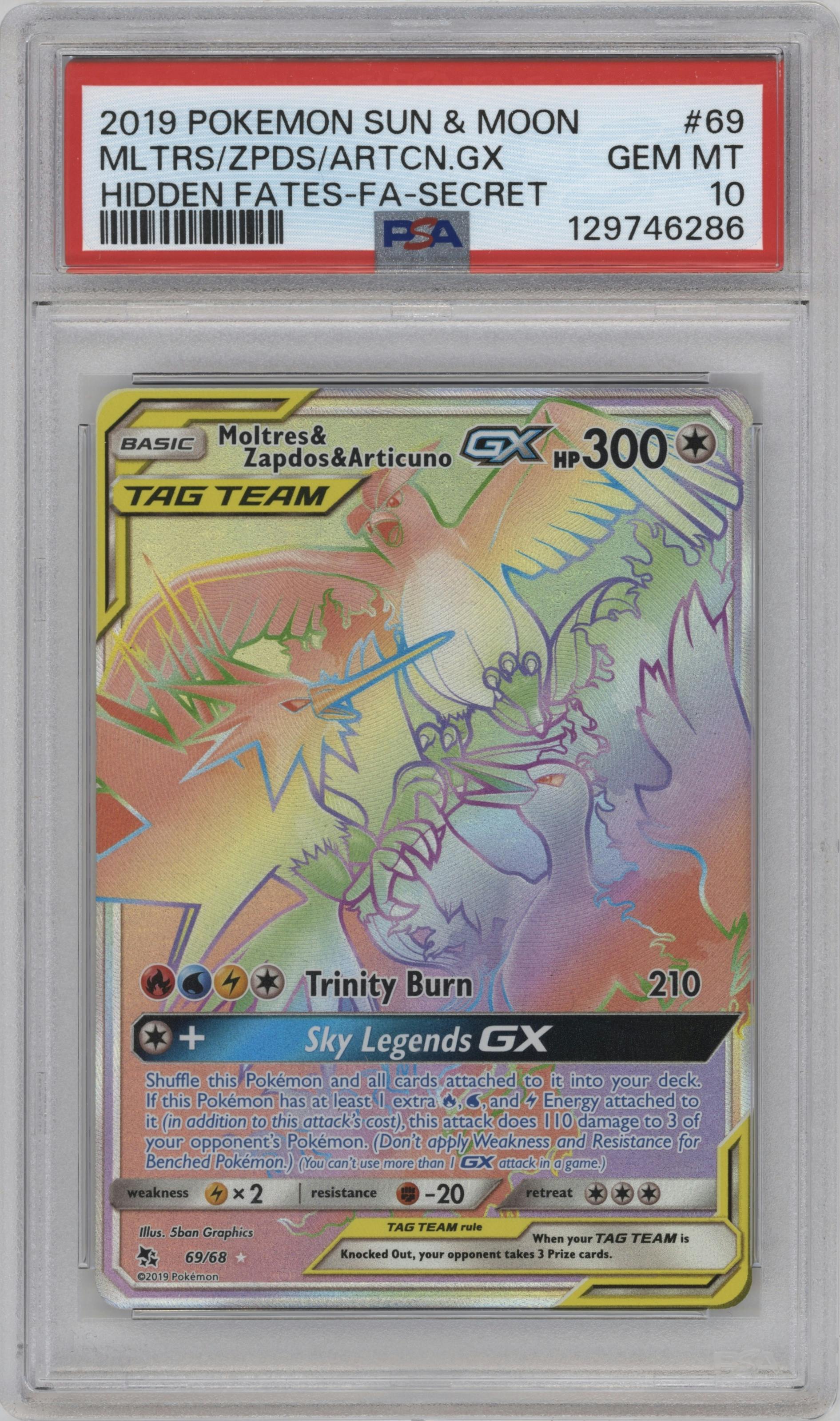 Moltres/Zapdos/Articuno GX from the 2019 Pokemon S&M  set graded by PSA and given an overall grade of 10.