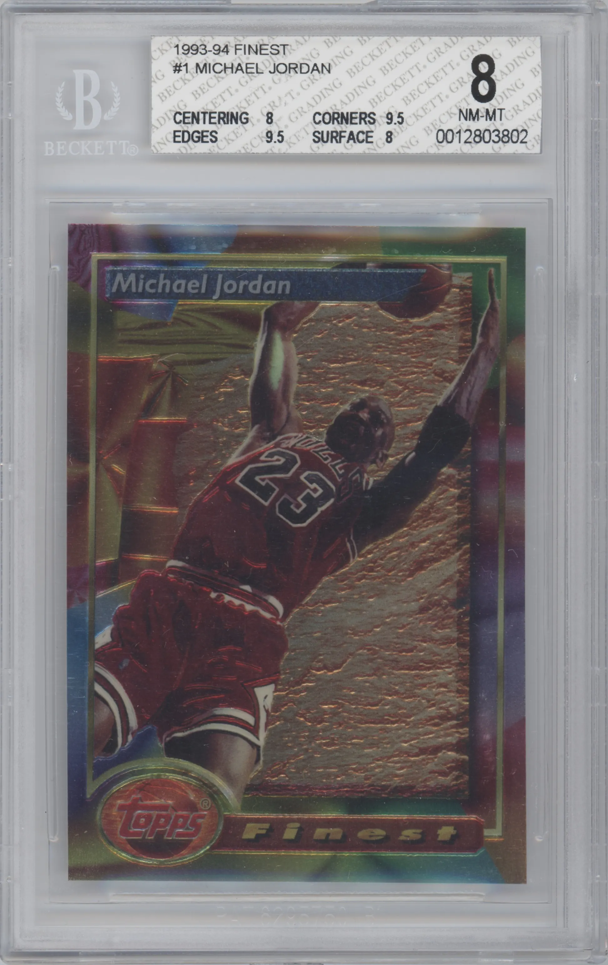 Michael Jordan from the 1993-94 Topps Finest  set graded by Beckett and given an overall grade of 8.