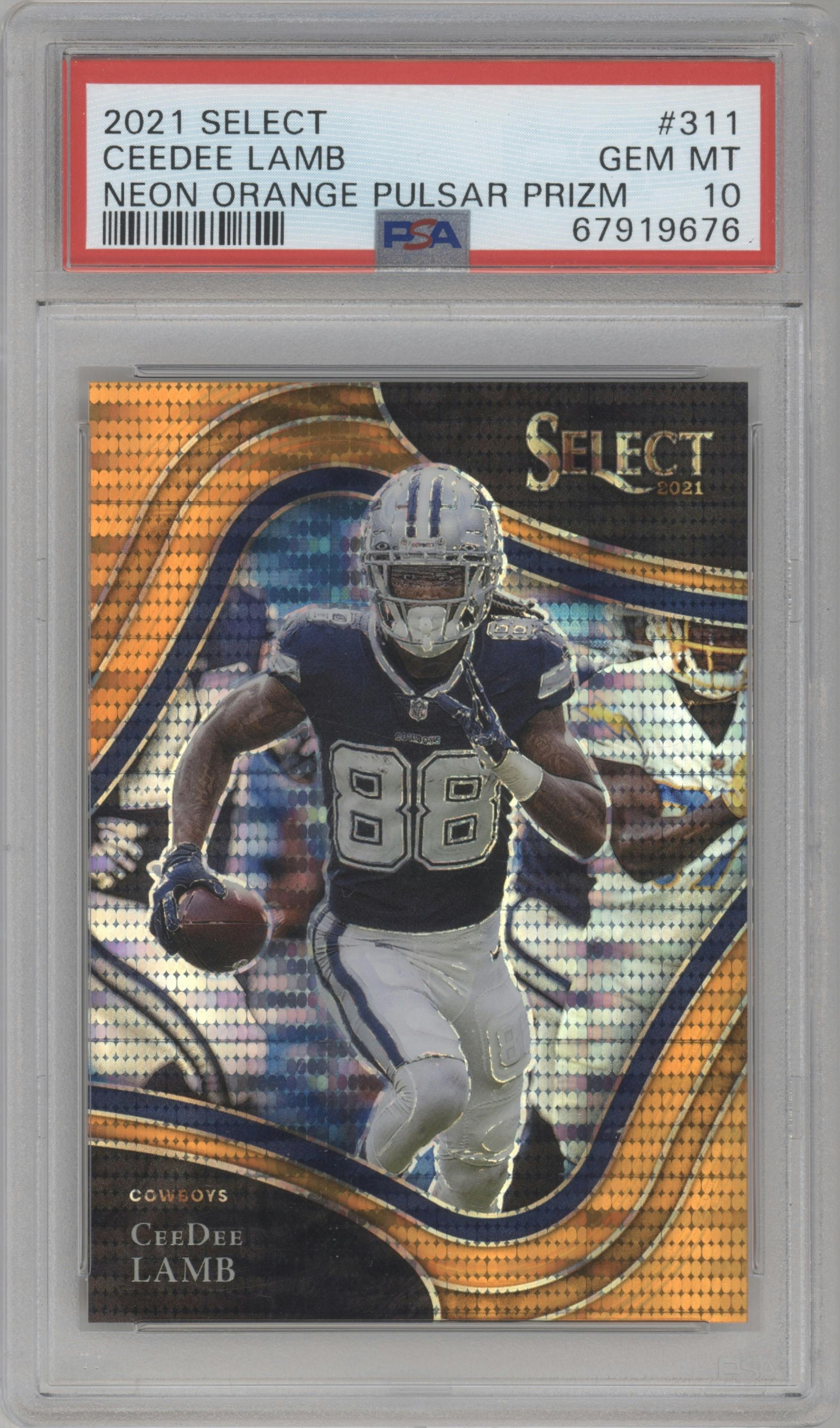 CeeDee Lamb from the 2021 Panini Select set featuring a Neon Orange Pulsar parallel graded by PSA and given an overall grade of 10.