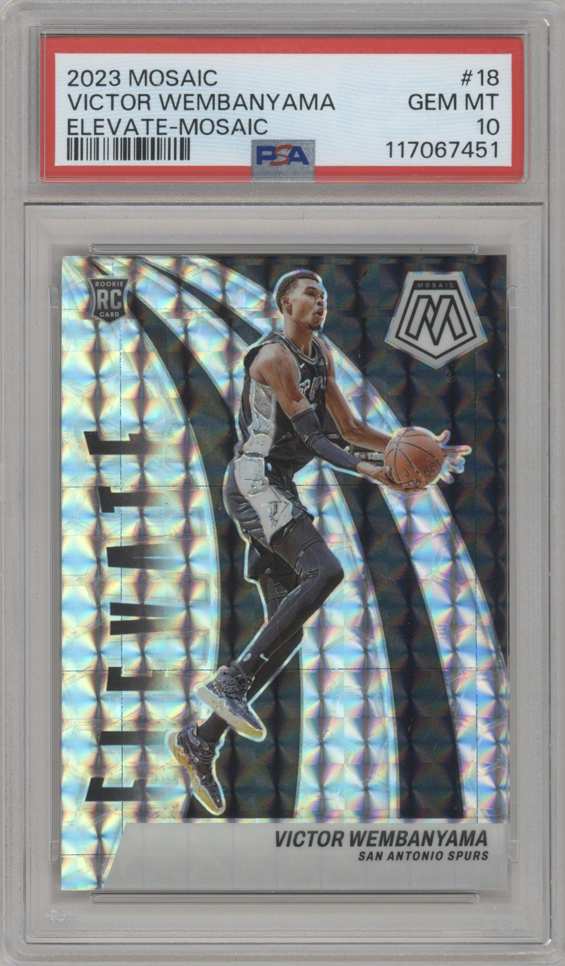 Victor Wembanyama from the 2023-24 Panini Mosaic set featuring a Mosaic parallel graded by PSA and given an overall grade of 10.