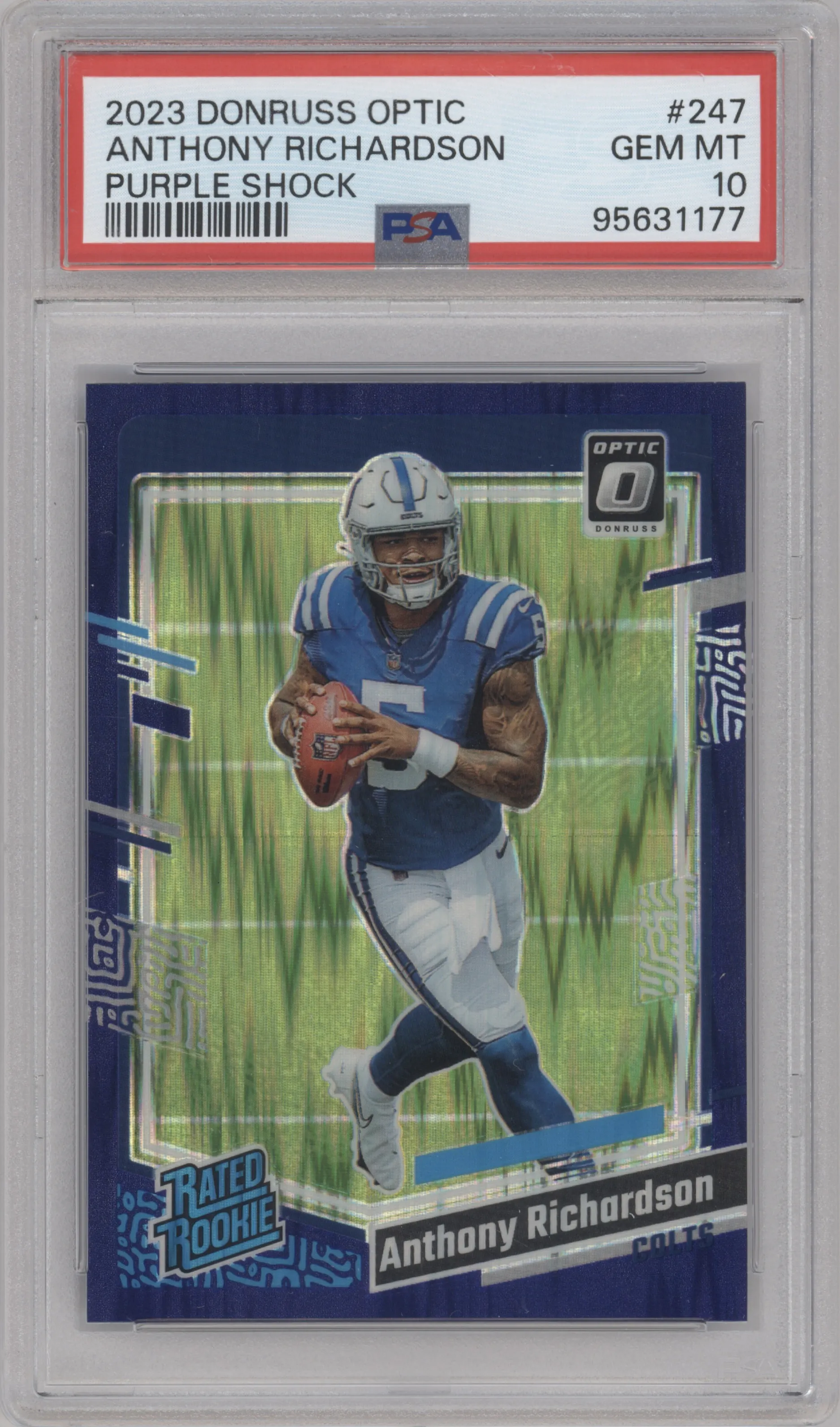 Anthony Richardson from the 2023 Donruss Optic set featuring a  Purple Shock parallel graded by PSA and given an overall grade of 10.