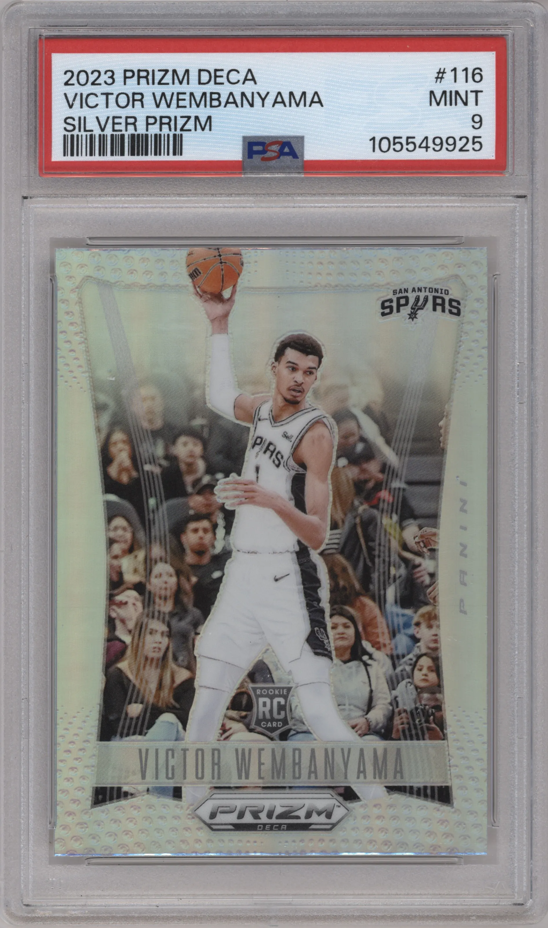 Victor Wembanyama from the 2023-24 Panini Prizm Deca set featuring a Silver Prizm parallel graded by PSA and given an overall grade of 9.