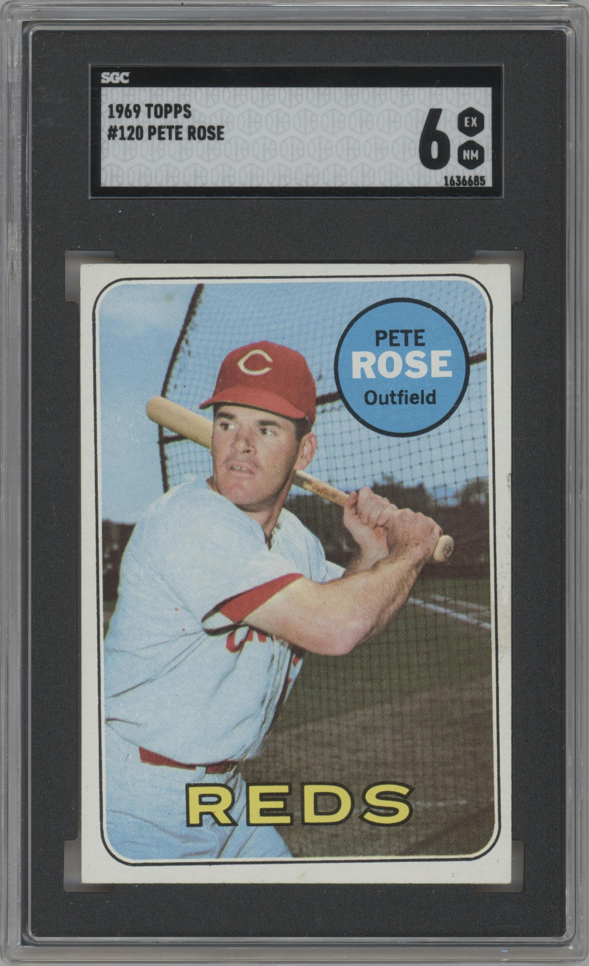 Pete Rose from the 1969 Topps set graded by SGC and given an overall grade of 6.
