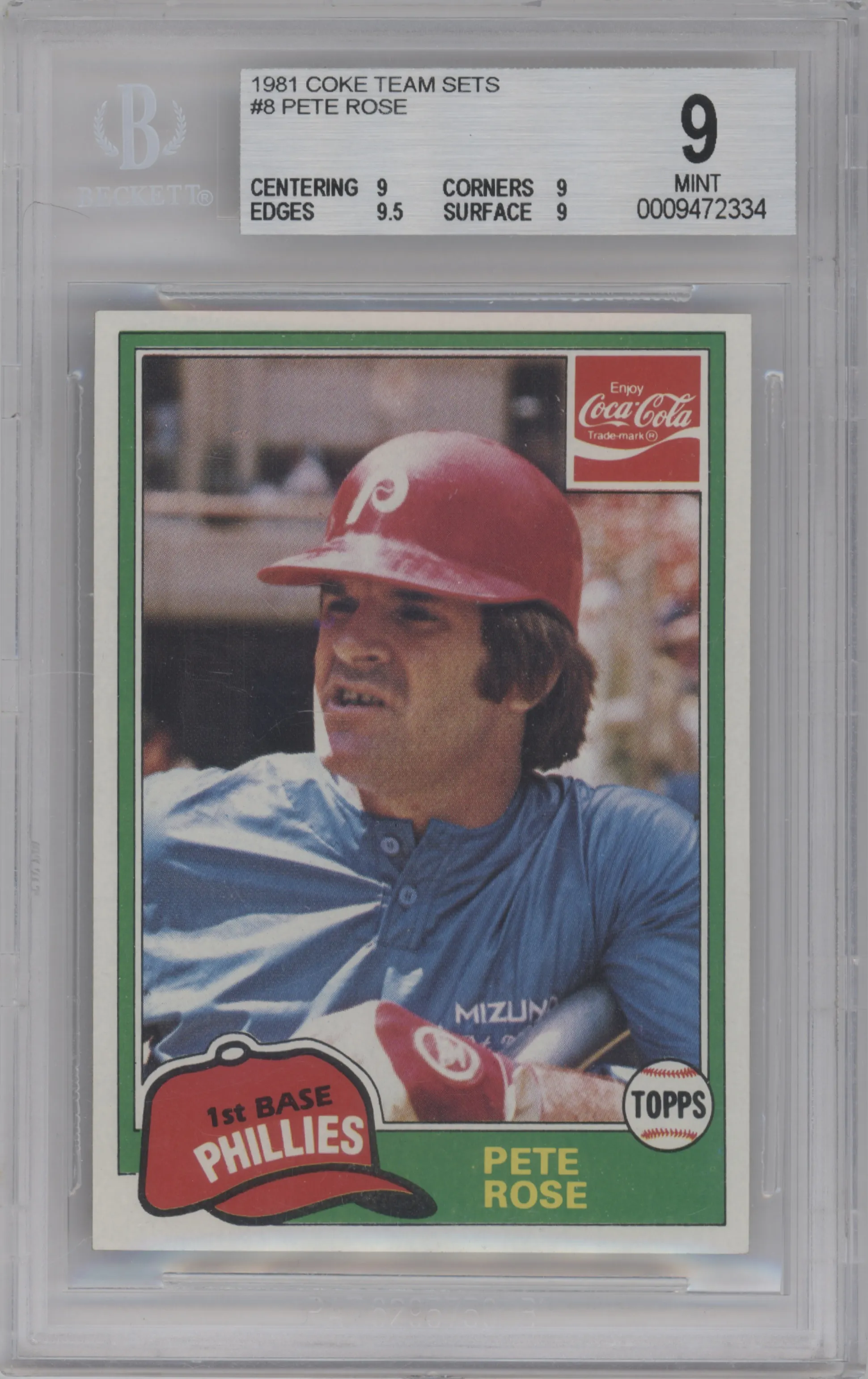 Pete Rose from the 1981 Topps Coca-Cola set graded by Beckett and given an overall grade of 9.