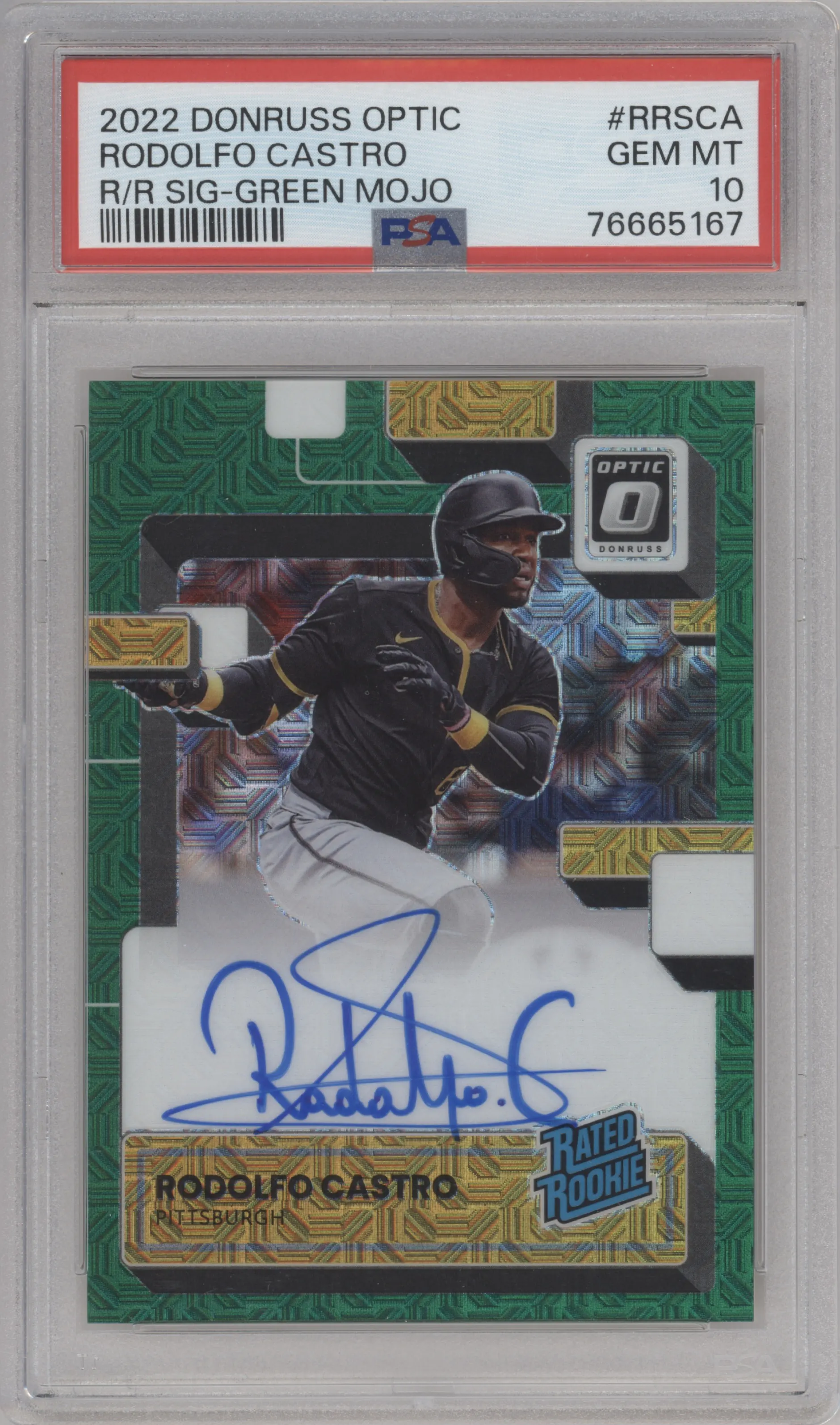 Rodolfo Castro from the 2022 Donruss Optic set featuring a Green Mojo parallel graded by PSA and given an overall grade of 10.
