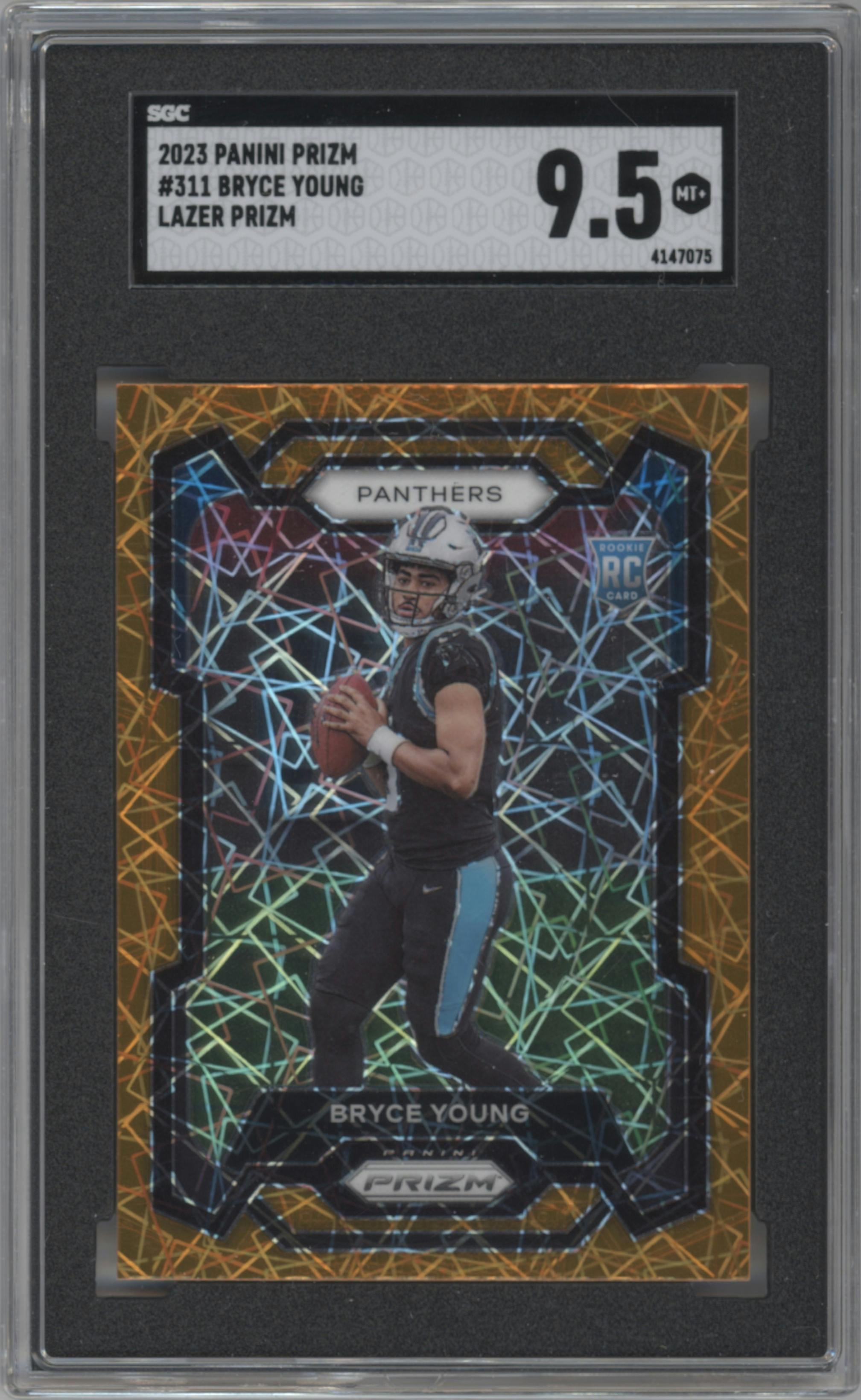 Bryce Young from the 2023 Panini Prizm set featuring a Lazer parallel graded by SGC and given an overall grade of 9.5.