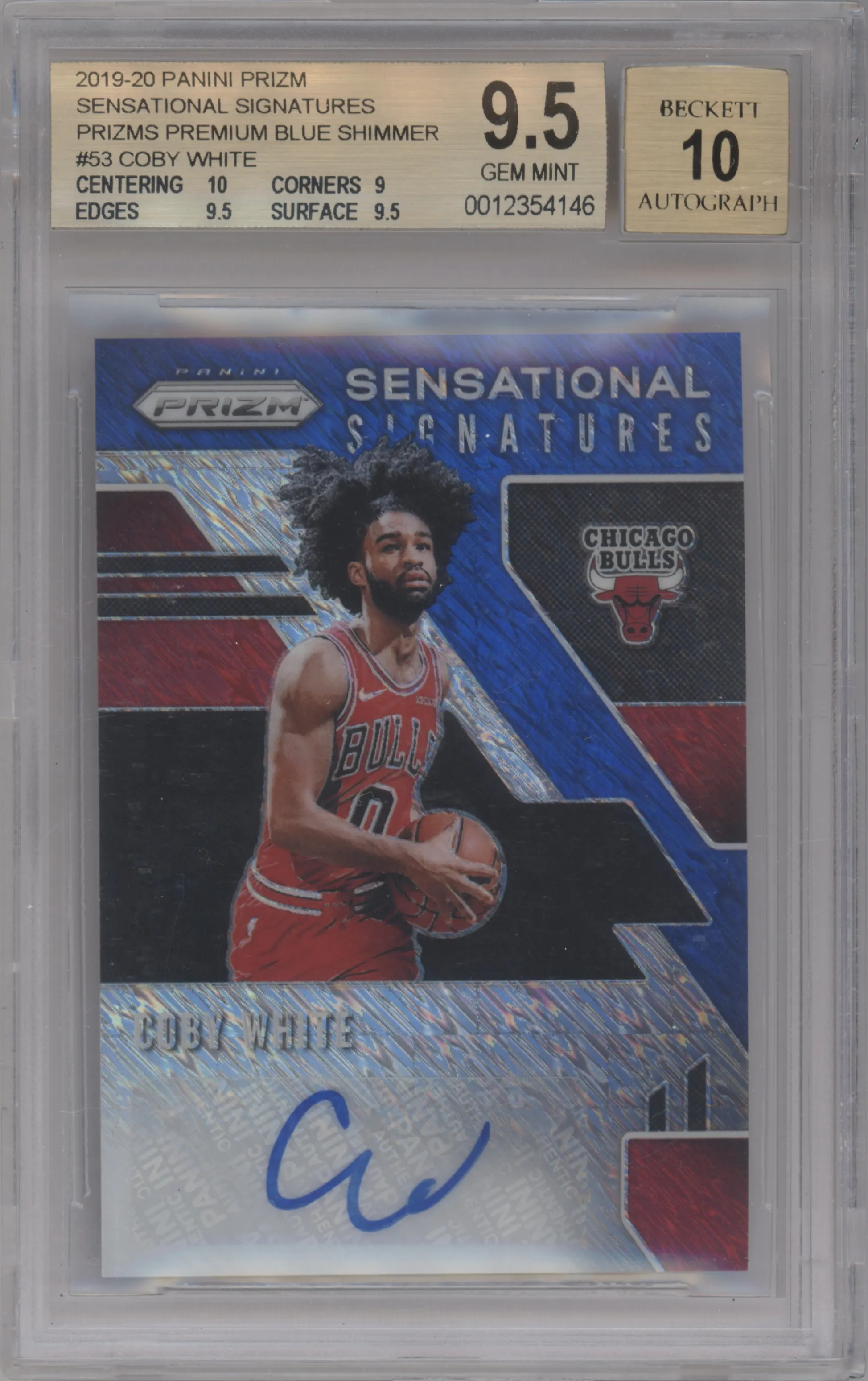 Coby White from the 2019-20 Panini Prizm set featuring a Blue Shimmer Prizm parallel graded by Beckett and given an overall grade of 9.