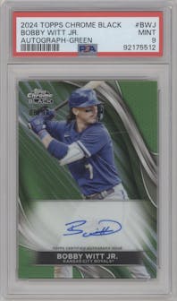 Bobby Witt Jr. from the  2024 Topps Chrome Black set featuring a Green Refractor parallel graded by PSA and given an overall grade of 9.