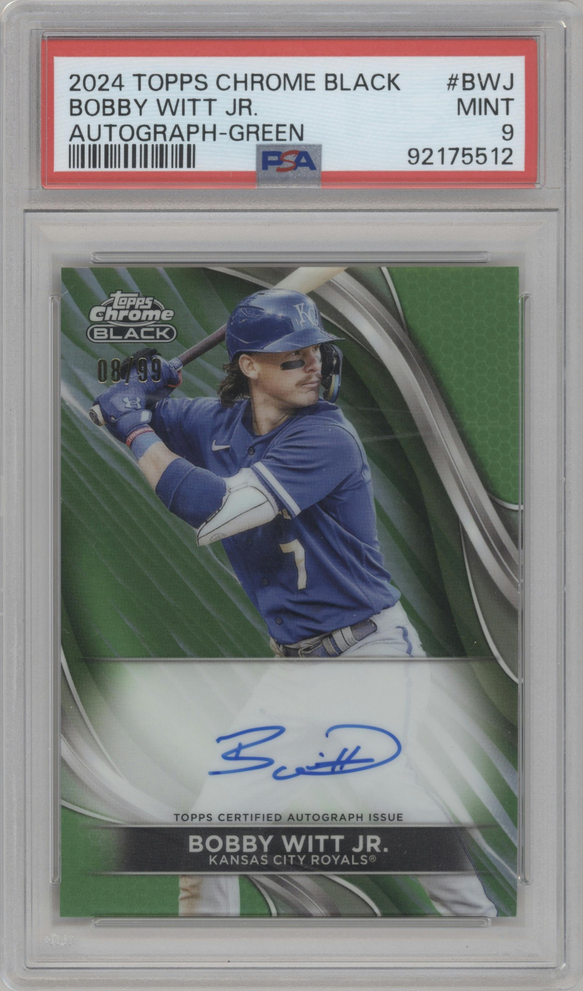 Bobby Witt Jr. from the  2024 Topps Chrome Black set featuring a Green Refractor parallel graded by PSA and given an overall grade of 9.