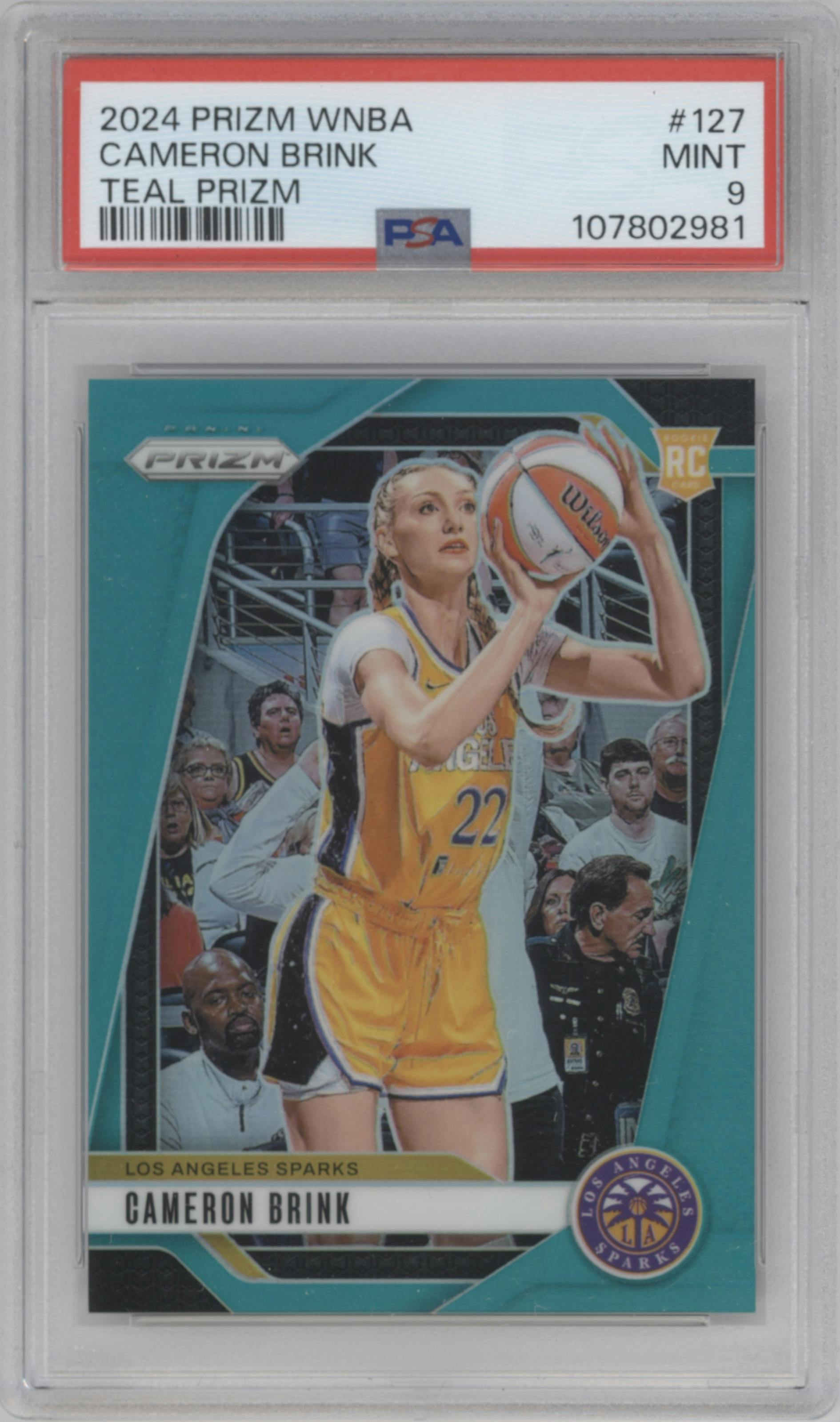 Cameron Brink from the 2024 Panini Prizm WNBA set featuring a Teal Prizm parallel graded by PSA and given an overall grade of 9.