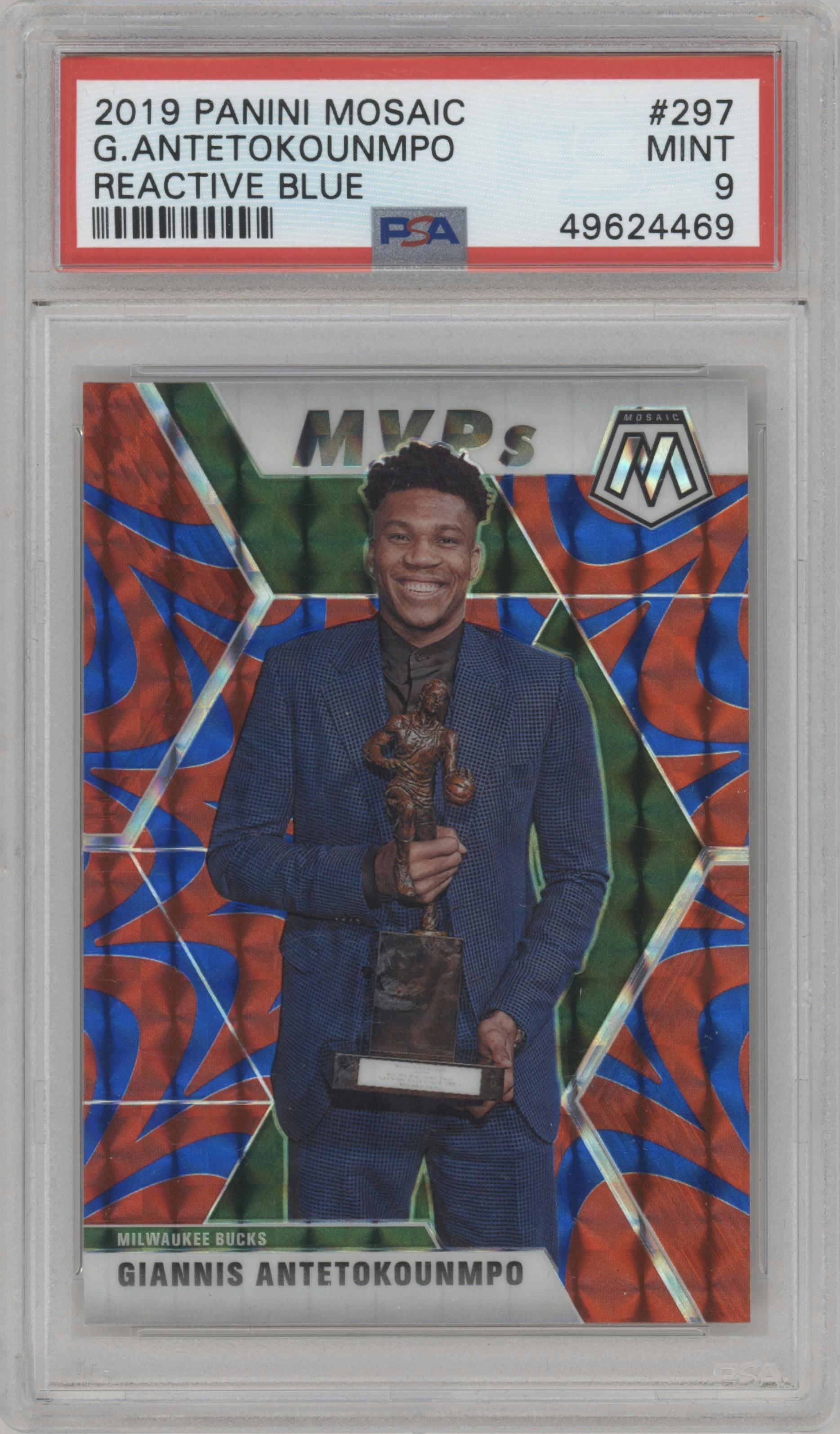 Giannis Antetokounmpo from the 2019-20 Panini Mosaic  set featuring a Reactive Blue parallel graded by PSA and given an overall grade of 9.