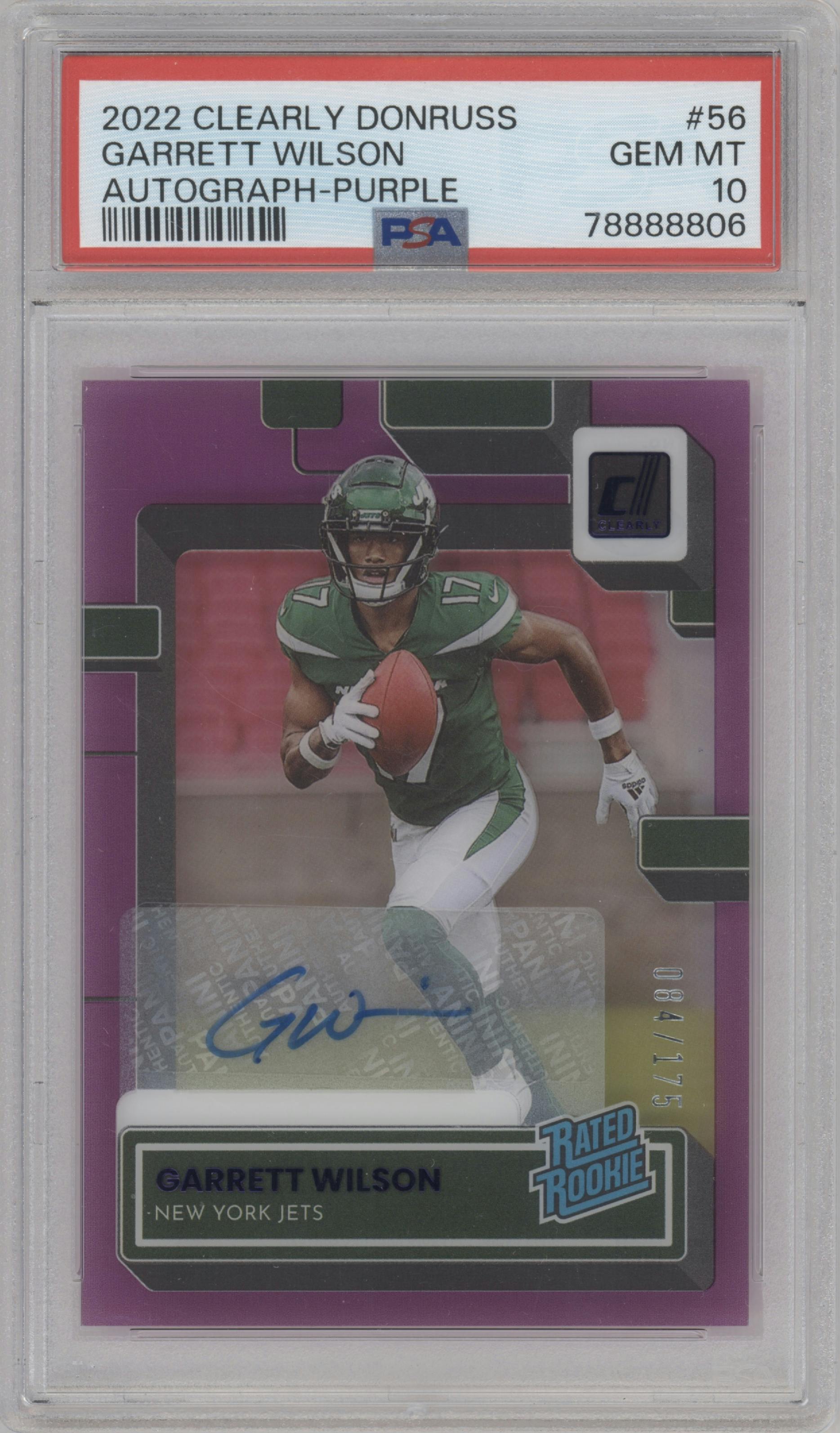 Garrett Wilson from the 2022 Clearly Donruss set featuring a Purple  parallel graded by PSA and given an overall grade of 10.