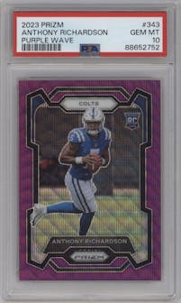 Anthony Richardson from the 2023 Panini Prizm set featuring a Purple Wave parallel graded by PSA and given an overall grade of 10.