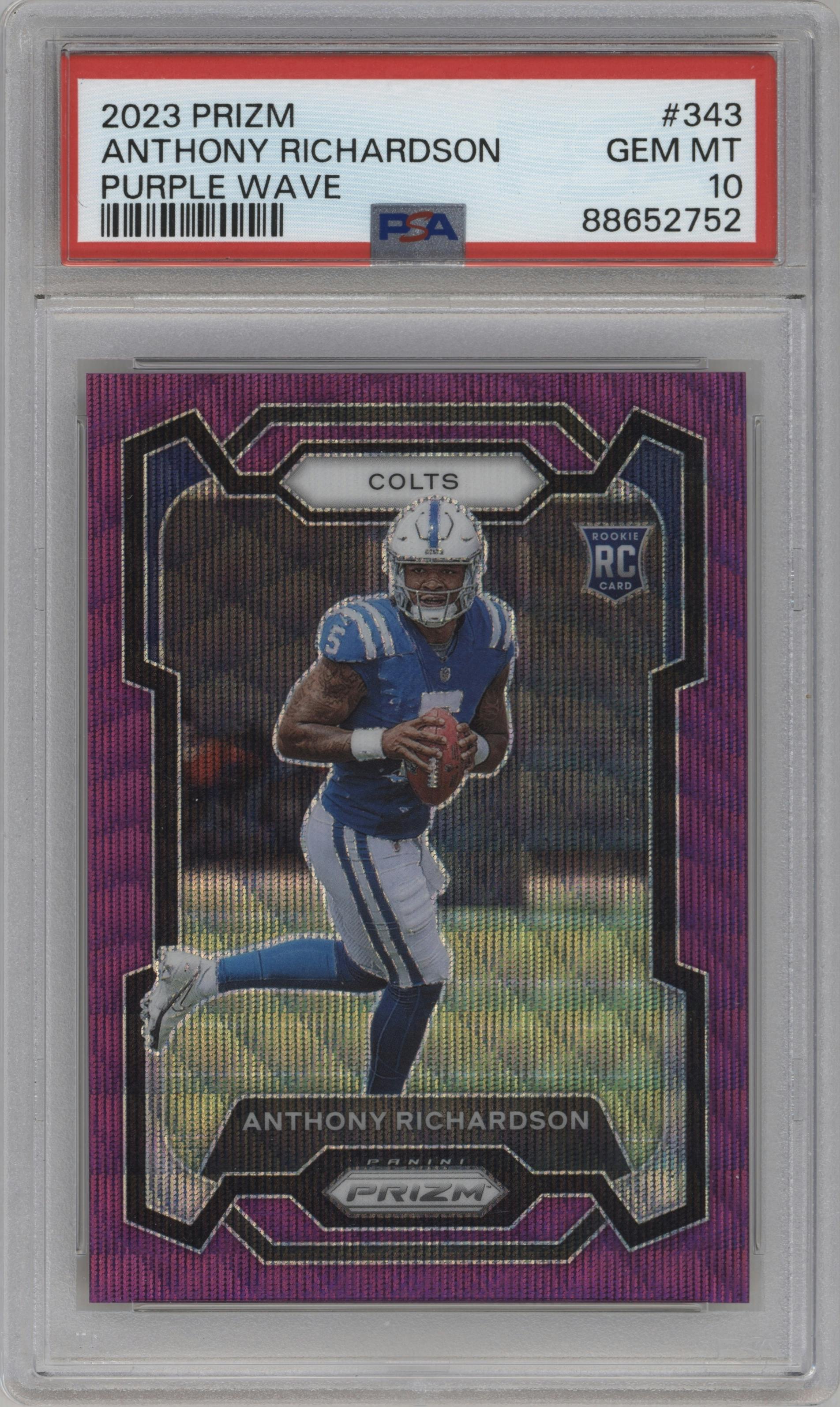 Anthony Richardson from the 2023 Panini Prizm set featuring a Purple Wave parallel graded by PSA and given an overall grade of 10.