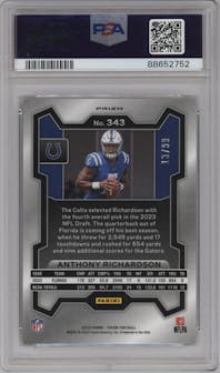 Anthony Richardson from the 2023 Panini Prizm set featuring a Purple Wave parallel graded by PSA and given an overall grade of 10.