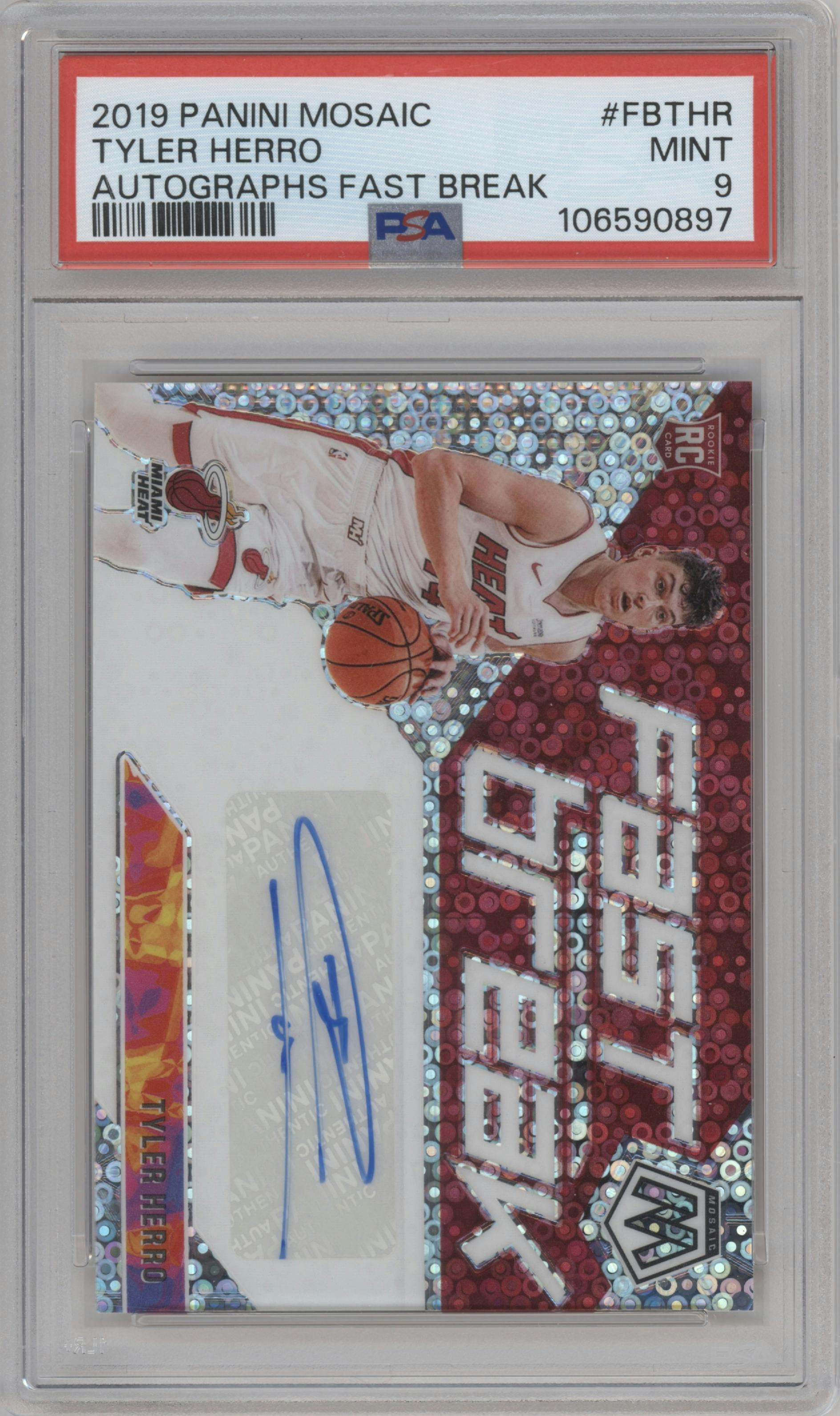 Tyler Herro from the 2019-20 Panini Mosaic  set graded by PSA and given an overall grade of 9.