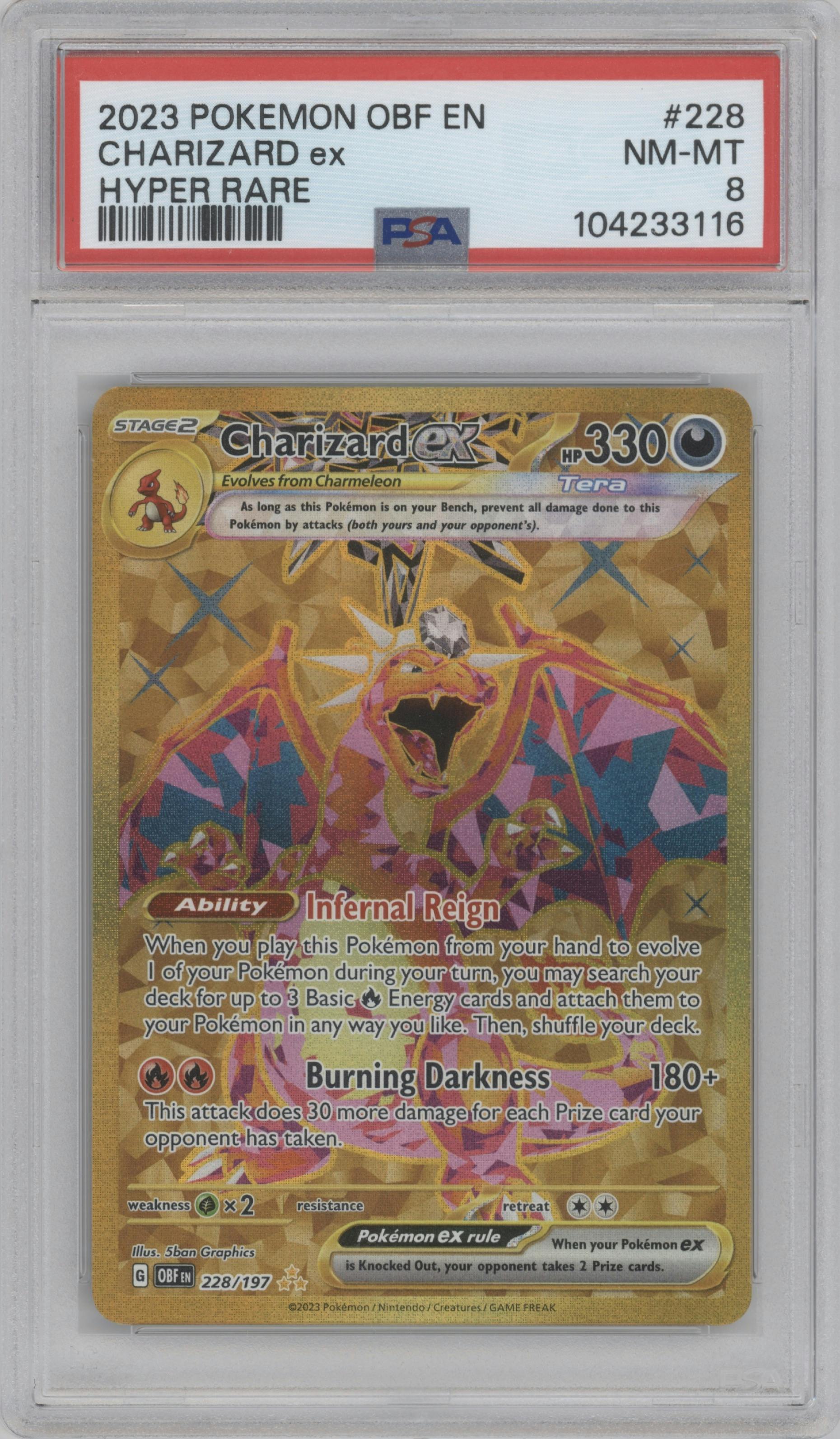 Charizard ex from the 2023 Pokemon SV set graded by PSA and given an overall grade of 8.