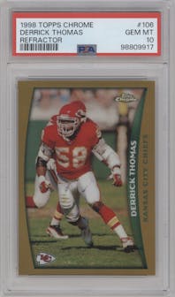 Derrick Thomas from the 1998 Topps Chrome set featuring a Refractor parallel graded by PSA and given an overall grade of 10.
