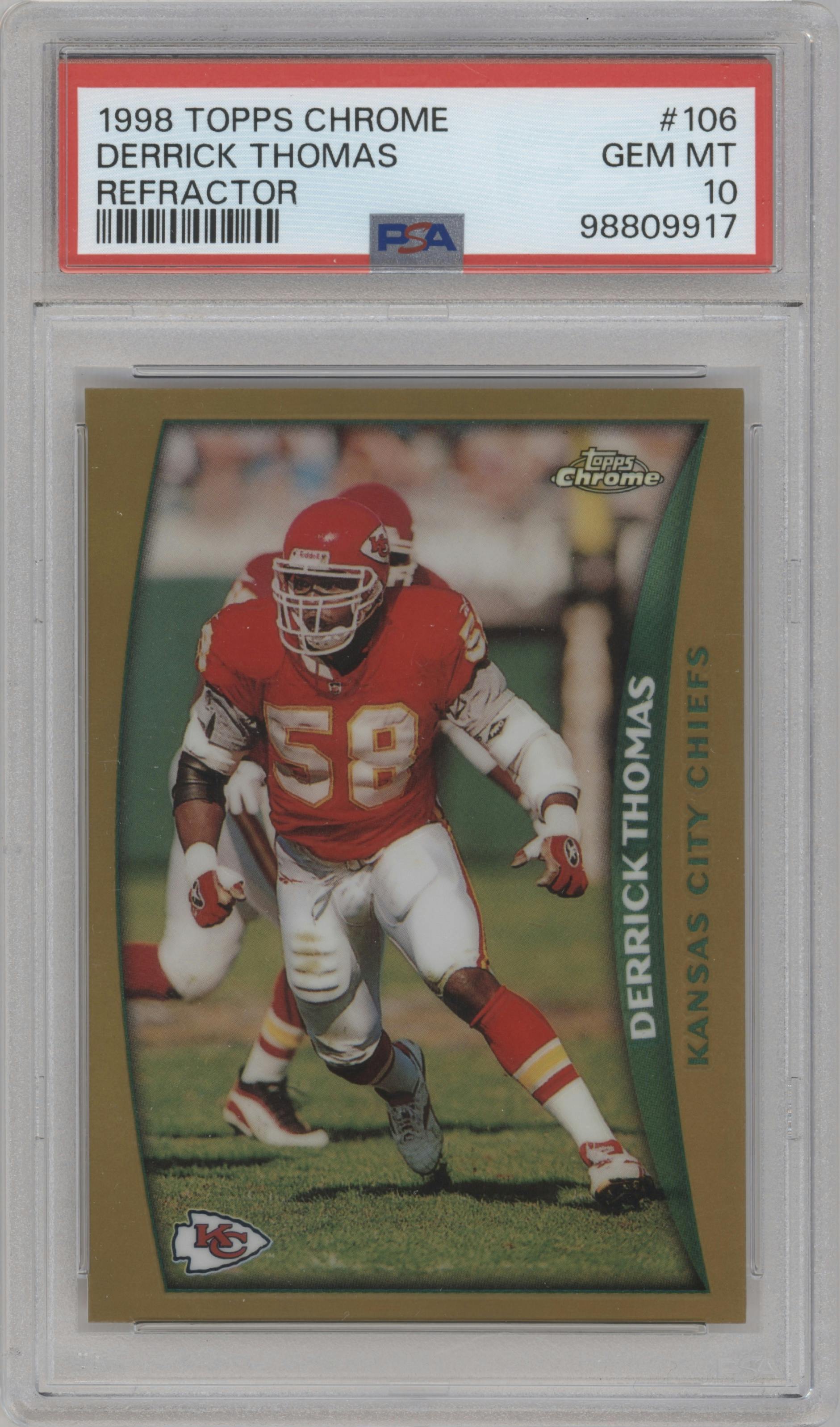 Derrick Thomas from the 1998 Topps Chrome set featuring a Refractor parallel graded by PSA and given an overall grade of 10.