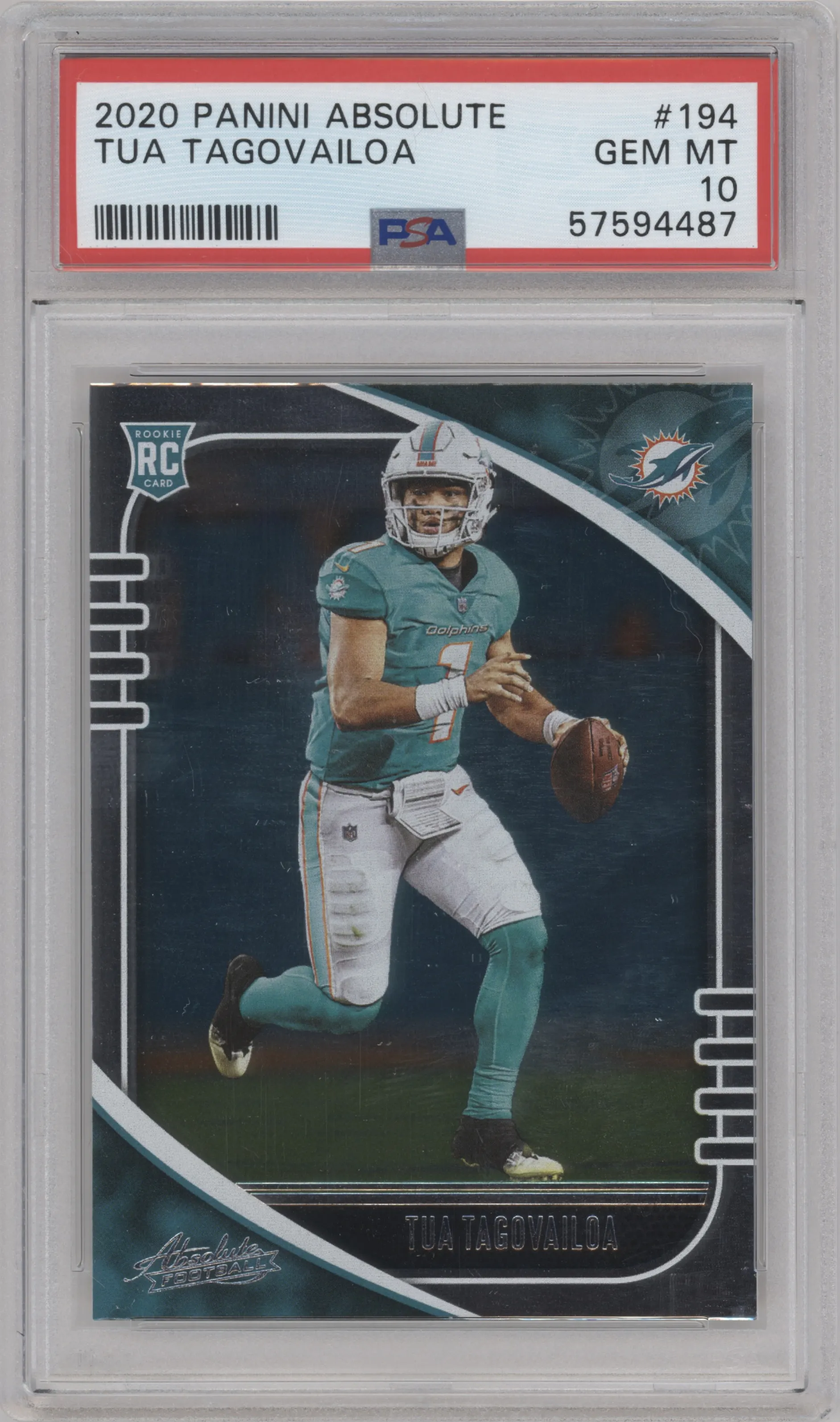 Tua Tagovailoa from the 2020 Panini Absolute set graded by PSA and given an overall grade of 10.