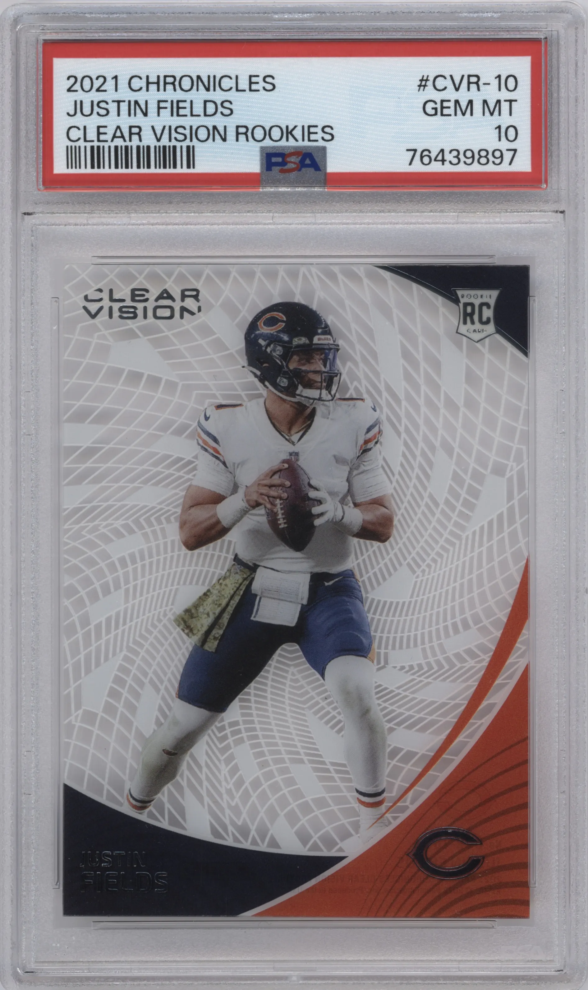 Justin Fields from the 2021 Panini Chronicles set graded by PSA and given an overall grade of 10.