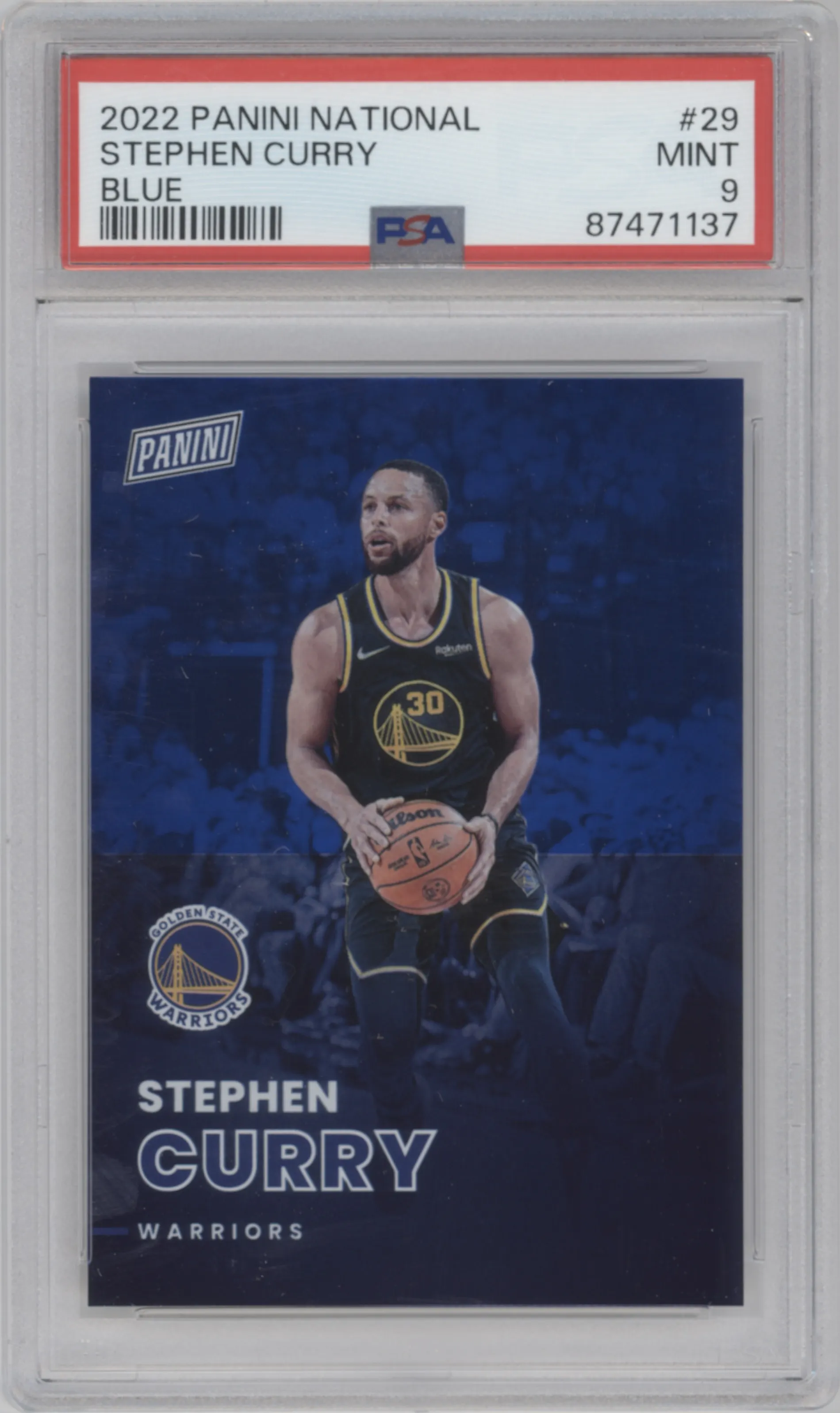 Stephen Curry from the 2022 Panini The National VIP set featuring a Blue parallel graded by PSA and given an overall grade of 9.