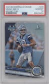 Drake Maye from the 2023 Bowman Chrome University set featuring a Refractor parallel graded by PSA and given an overall grade of 10.