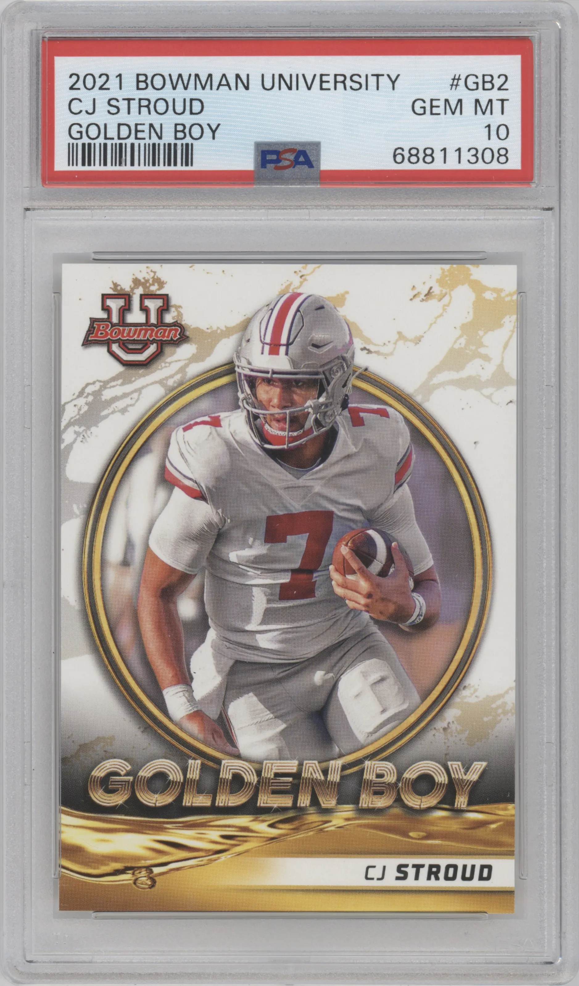 CJ Stroud from the 2021-22 Bowman University set graded by PSA and given an overall grade of 10.