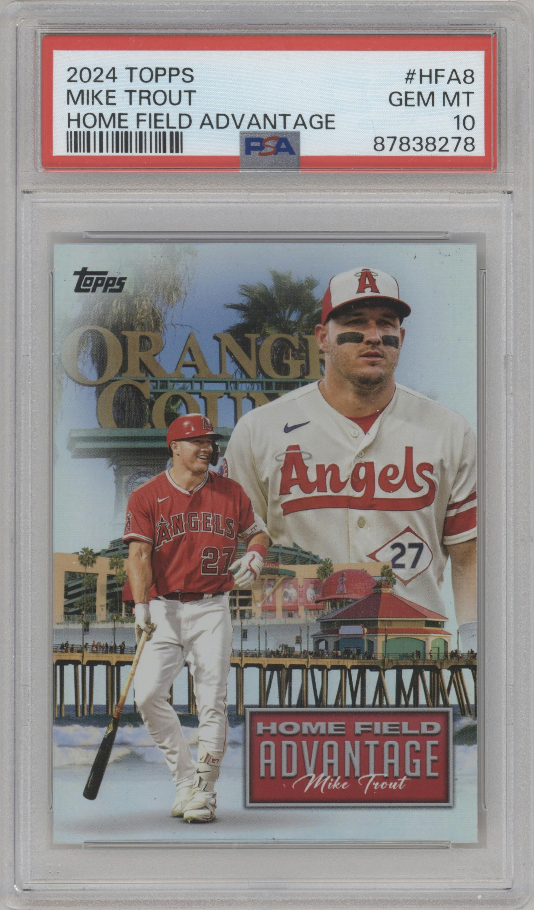 Mike Trout from the 2024 Topps  set graded by PSA and given an overall grade of 10.