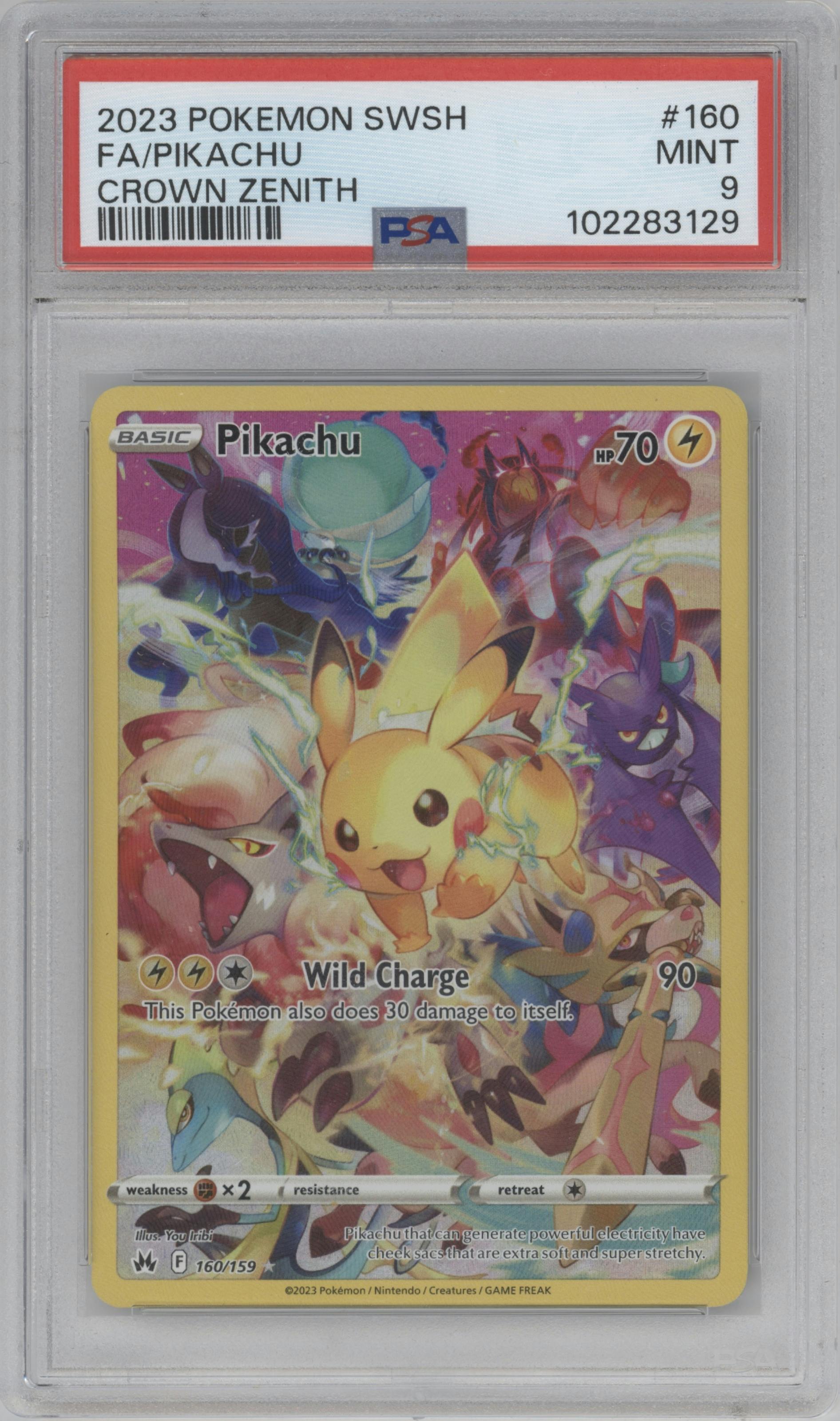 Pikachu  from the 2023 Pokemon SWSH set graded by PSA and given an overall grade of 9.