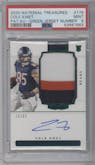 Cole Kmet from the 2020 Panini National Treasures set featuring a Green Jersey Number parallel graded by PSA and given an overall grade of 9.