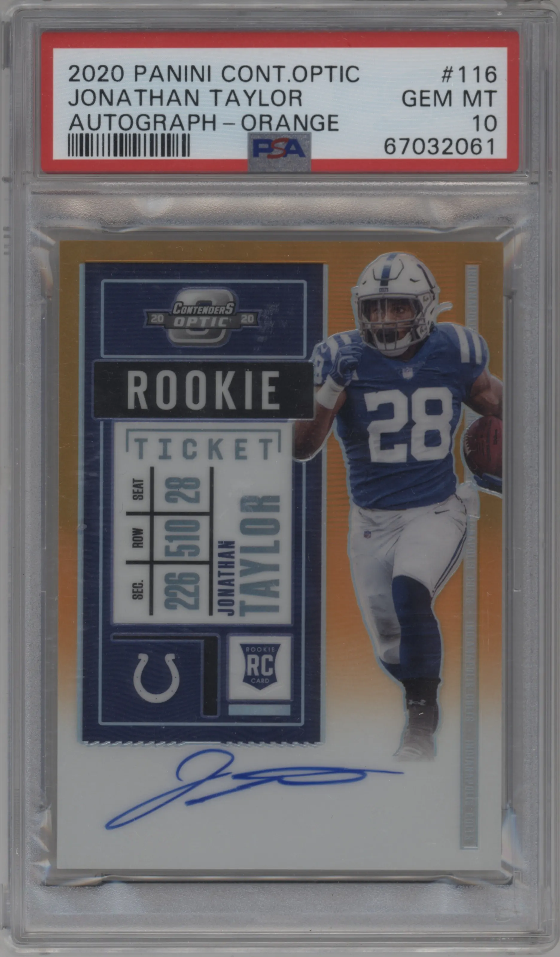 2020 Panini Contenders Optic Rke.Tkt.Auto Jonathan Taylor Orange #116 PSA 10