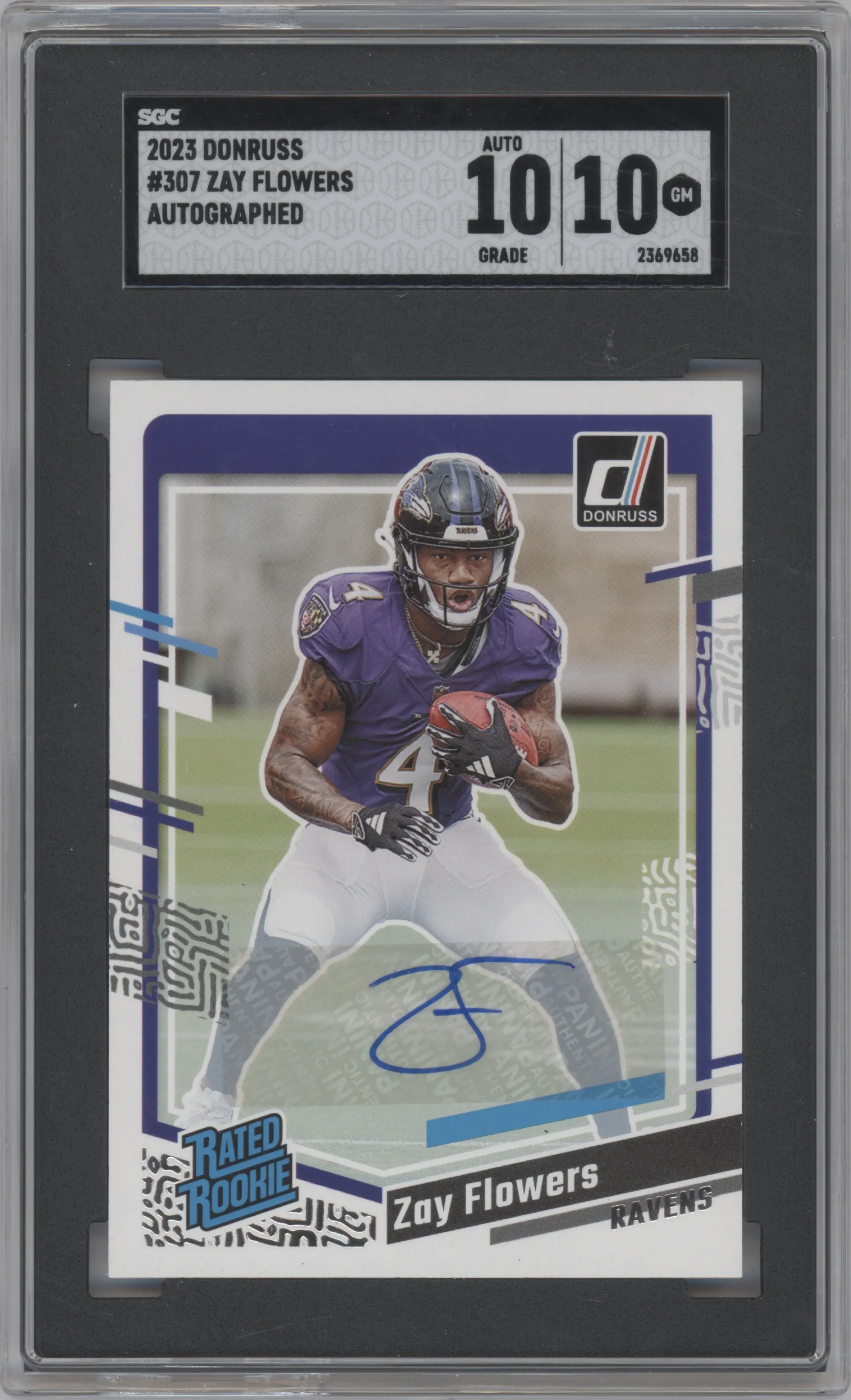 Zay Flowers from the 2023 Panini Donruss set graded by SGC and given an overall grade of 10.