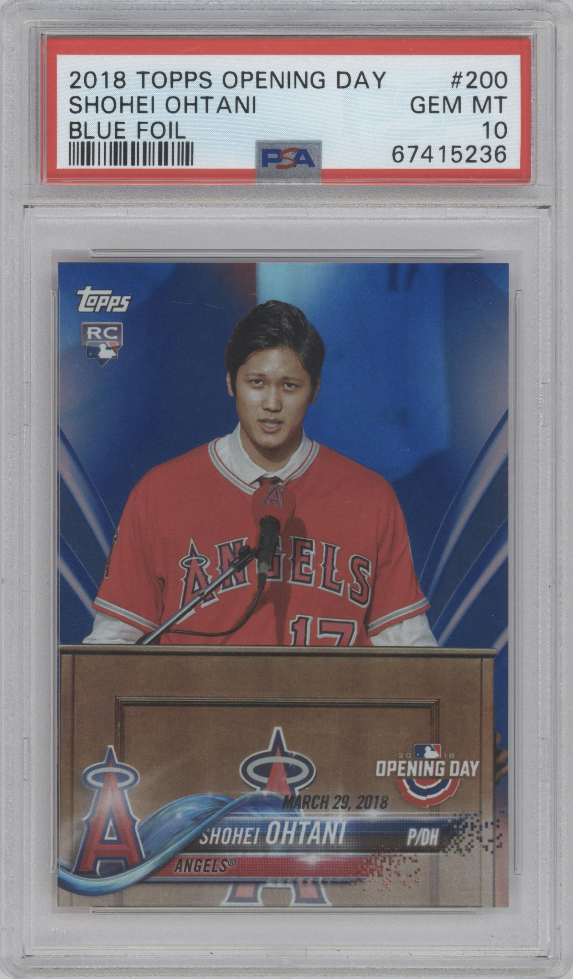 Shohei Ohtani from the 2018 Topps Opening Day set featuring a Blue Foil parallel graded by PSA and given an overall grade of 10.