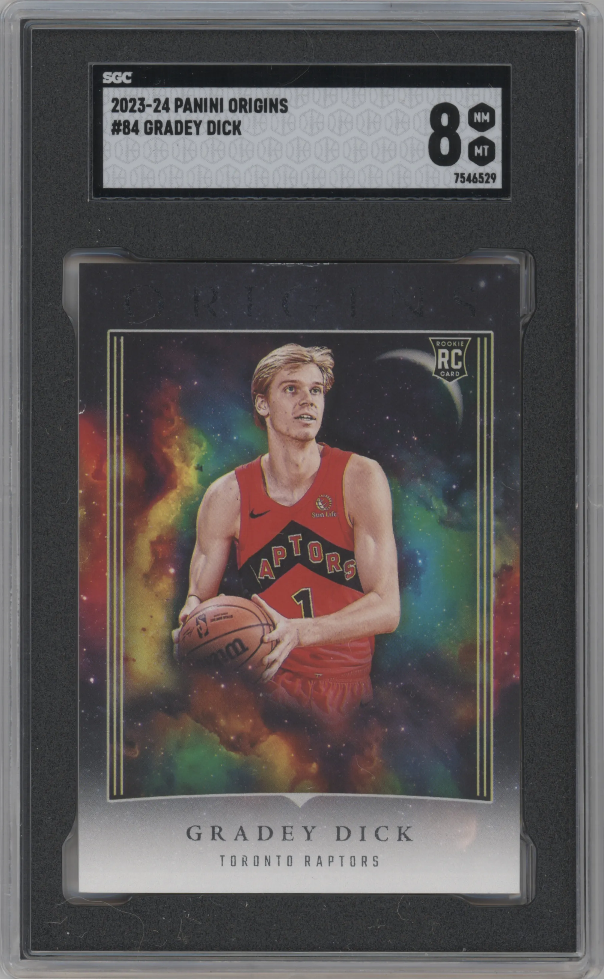 Gradey Dick from the 2023-24 Panini Origins set graded by SGC and given an overall grade of 8.