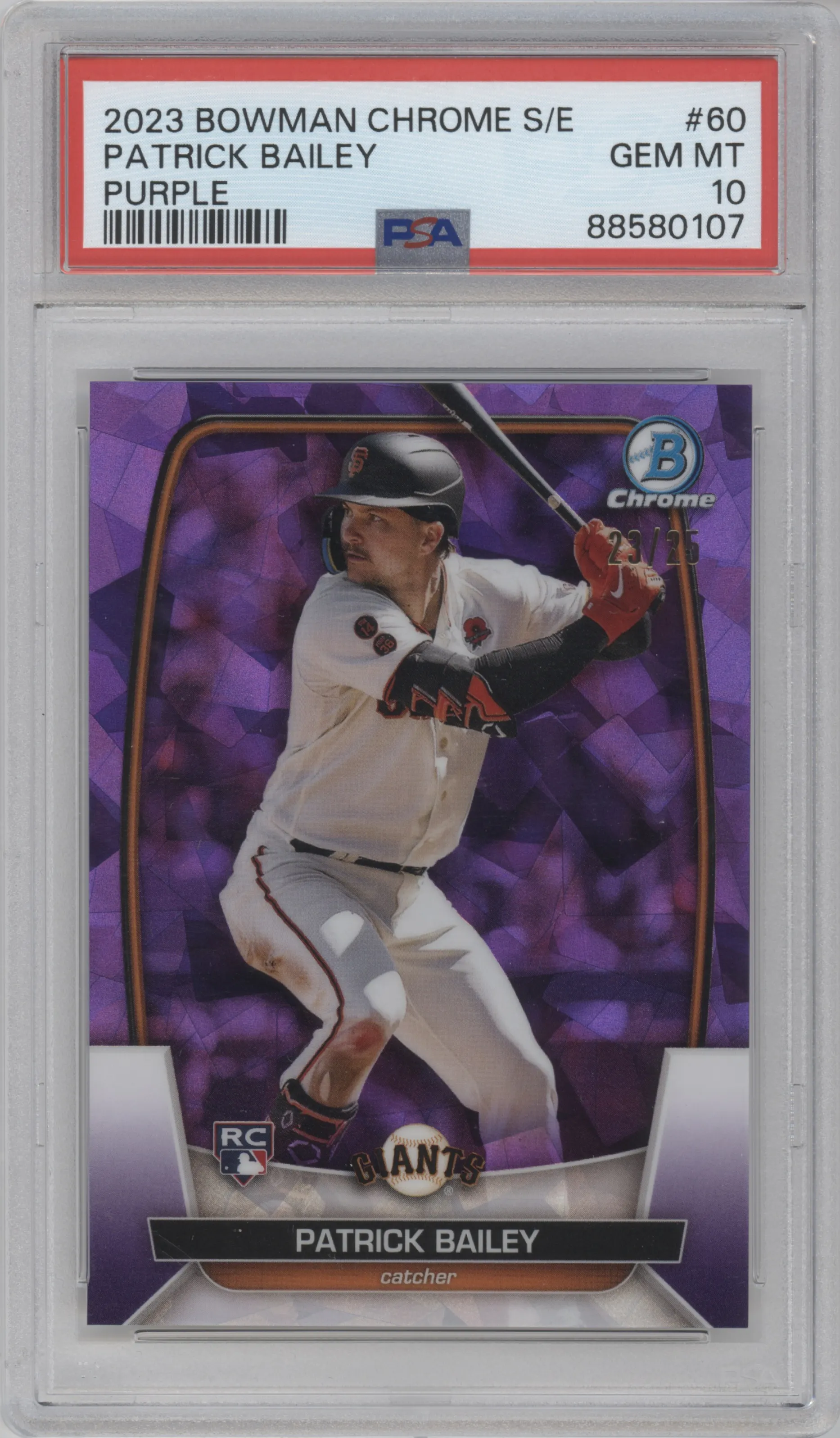 Patrick Bailey from the 2023 Bowman Chrome Sapphire Edition set featuring a Purple parallel graded by PSA and given an overall grade of 10.