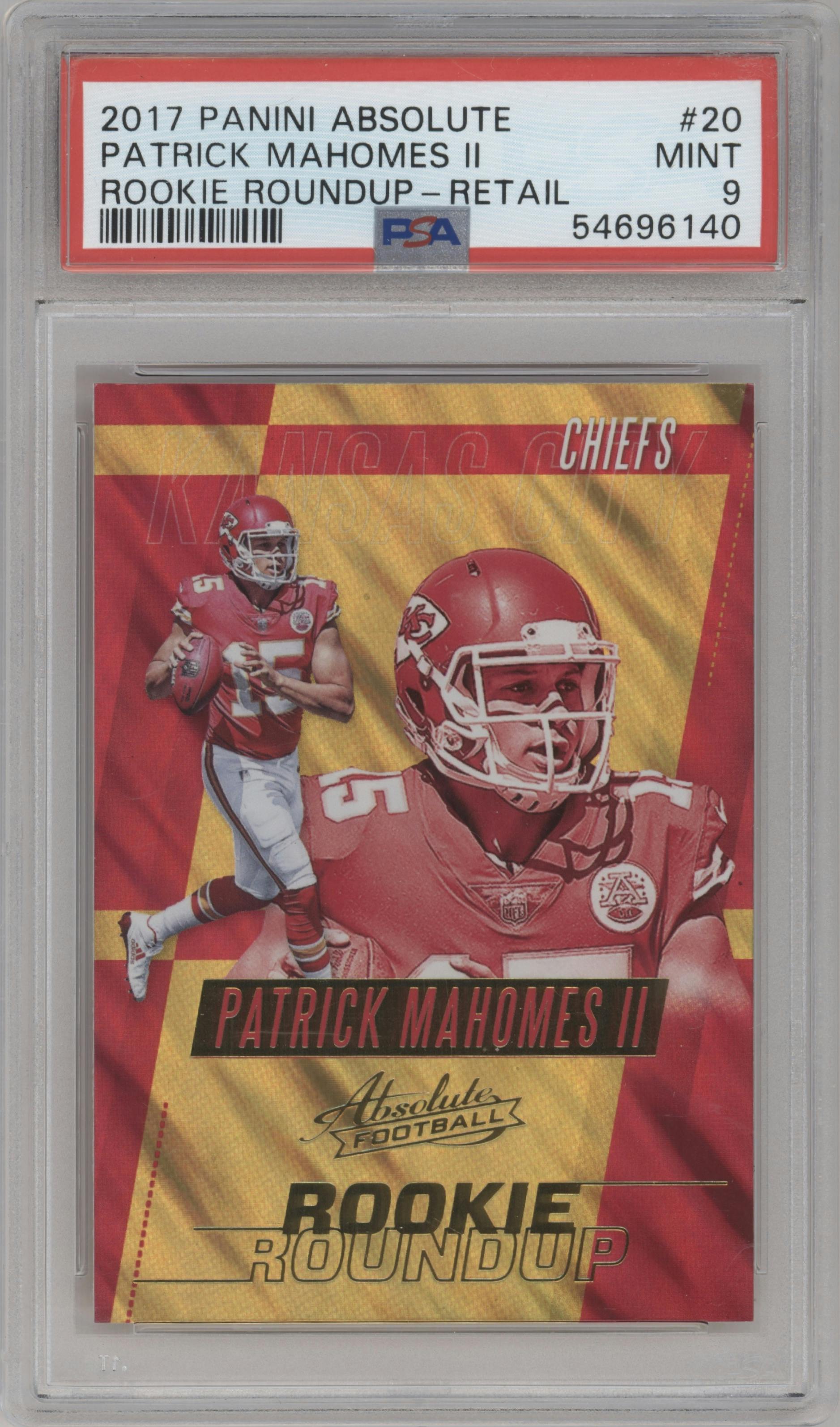 Patrick Mahomes II from the 2017 Panini Absolute set featuring a Retail parallel graded by PSA and given an overall grade of 9.