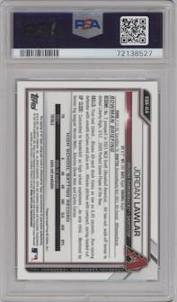 Jordan Lawlar from the 2021 Bowman Draft set featuring a Blue Refractor parallel graded by PSA and given an overall grade of 10.