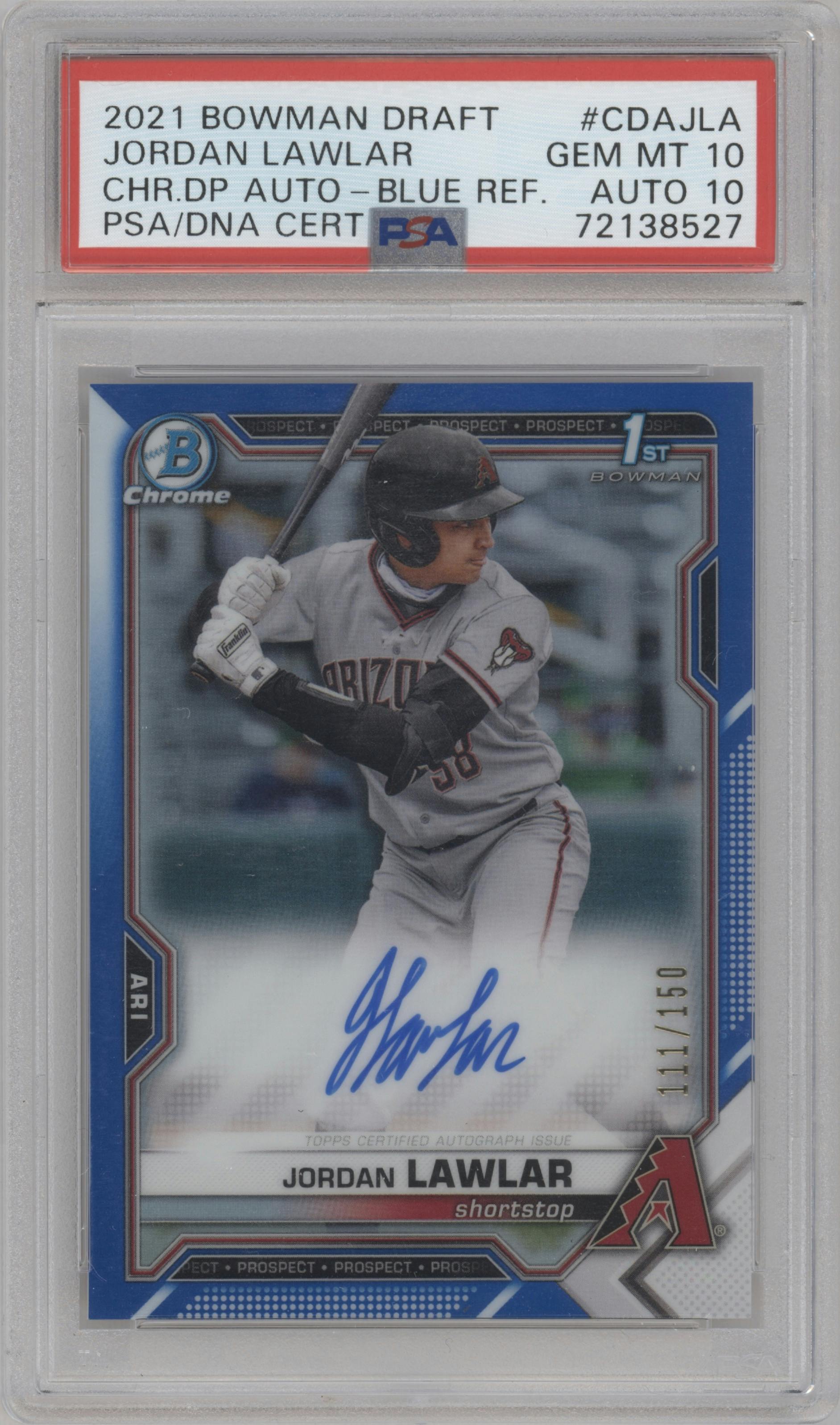 Jordan Lawlar from the 2021 Bowman Draft set featuring a Blue Refractor parallel graded by PSA and given an overall grade of 10.