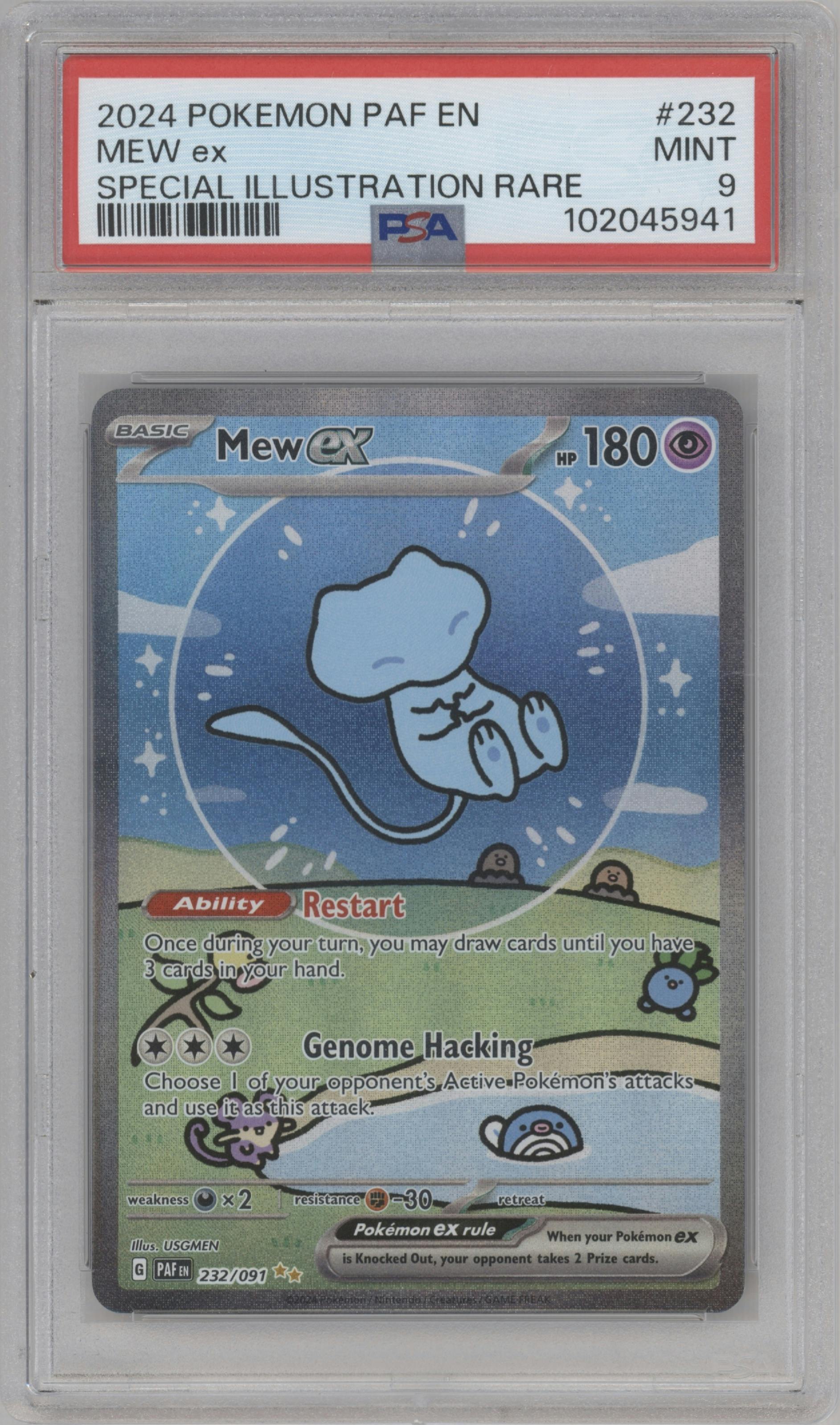 Mew ex from the 2024 Pokemon SV set graded by PSA and given an overall grade of 9.