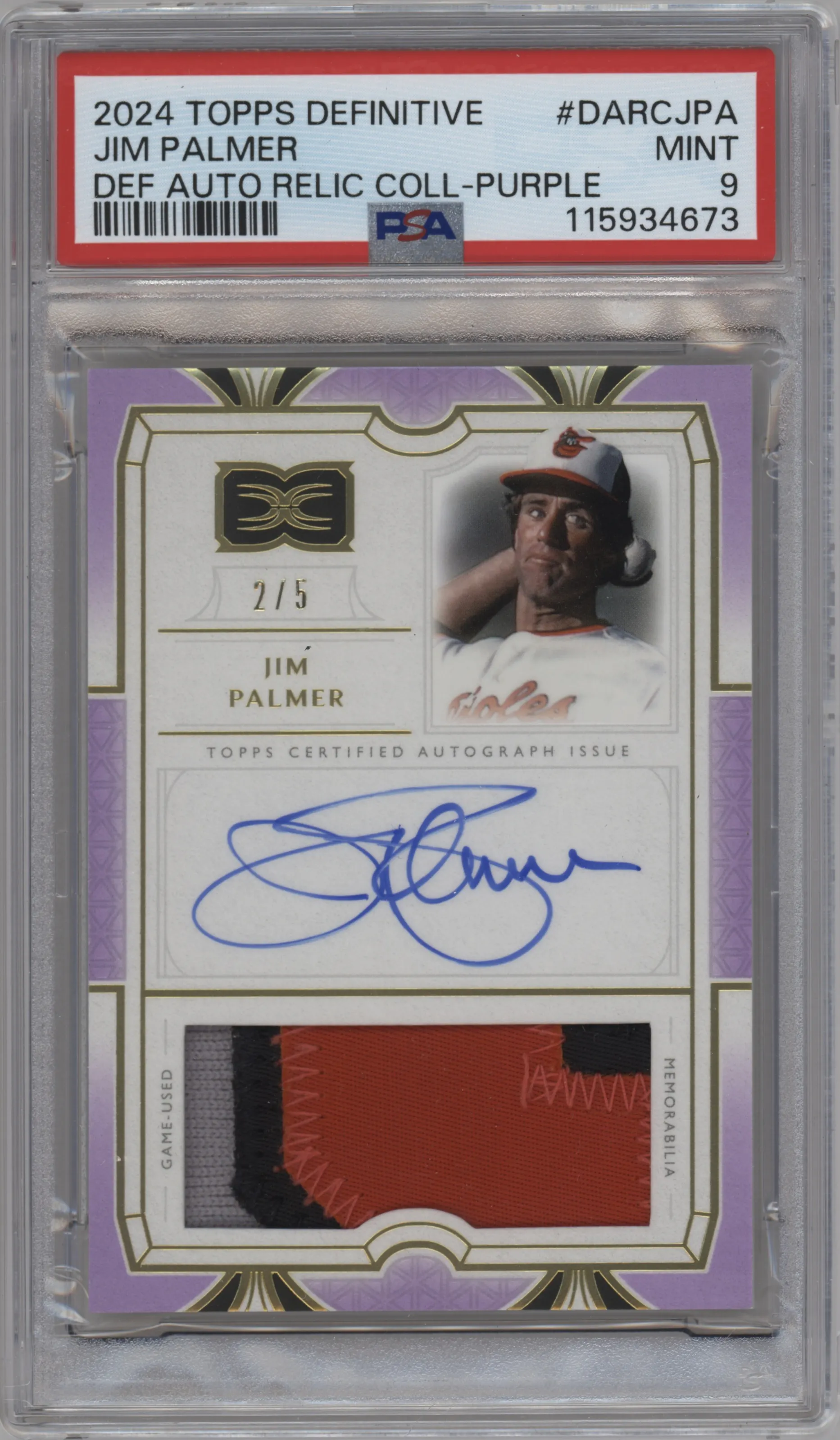 2024 Topps Definitive Collection Auto Rlc. Jim Palmer Purple PSA 9