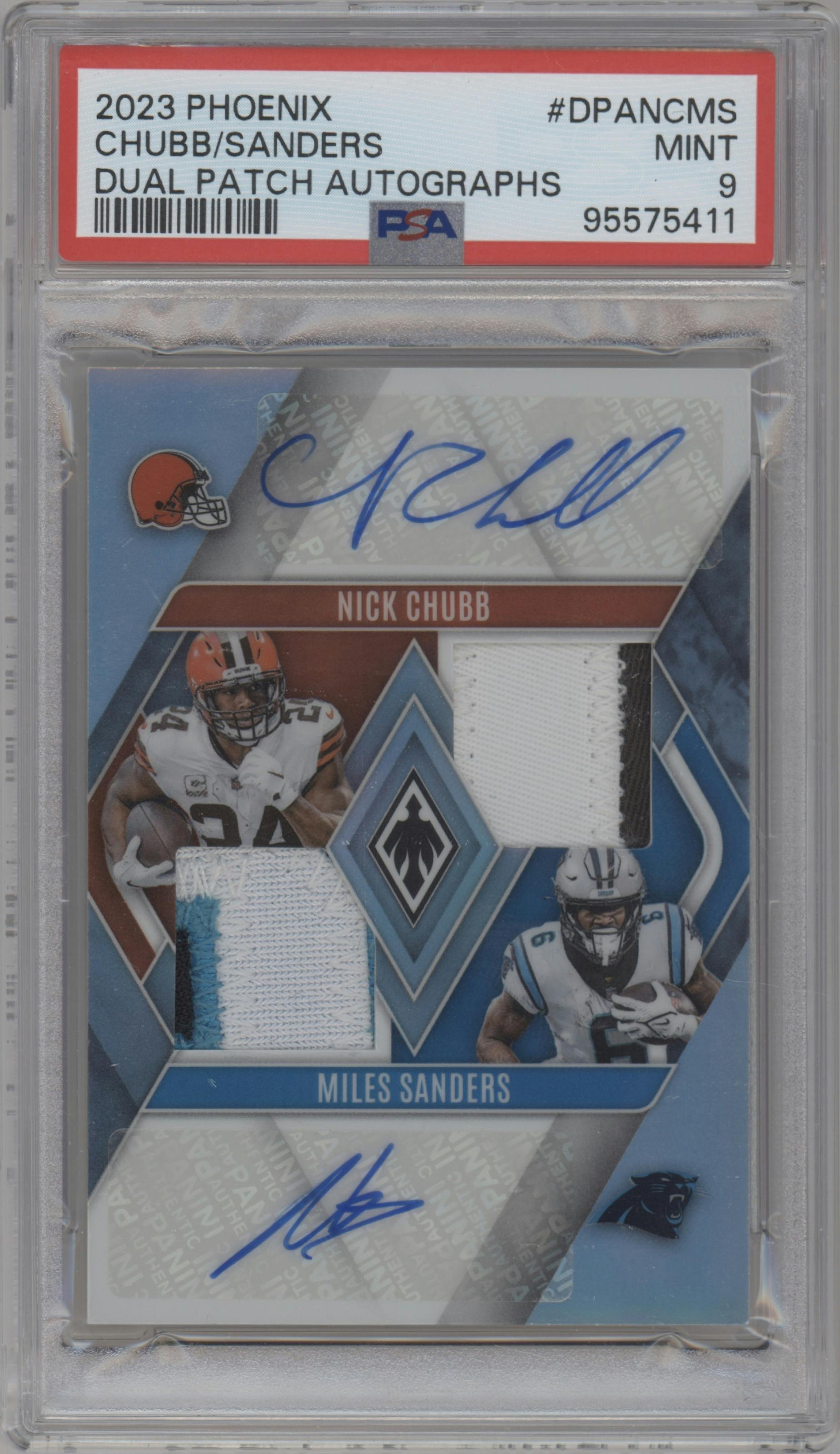 Nick Chubb / Miles Sanders from the 2023 Panini Phoenix set graded by PSA and given an overall grade of 9.