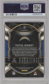 Justin Herbert from the 2020 Panini Select set featuring a Silver Prizm parallel graded by PSA and given an overall grade of 10.