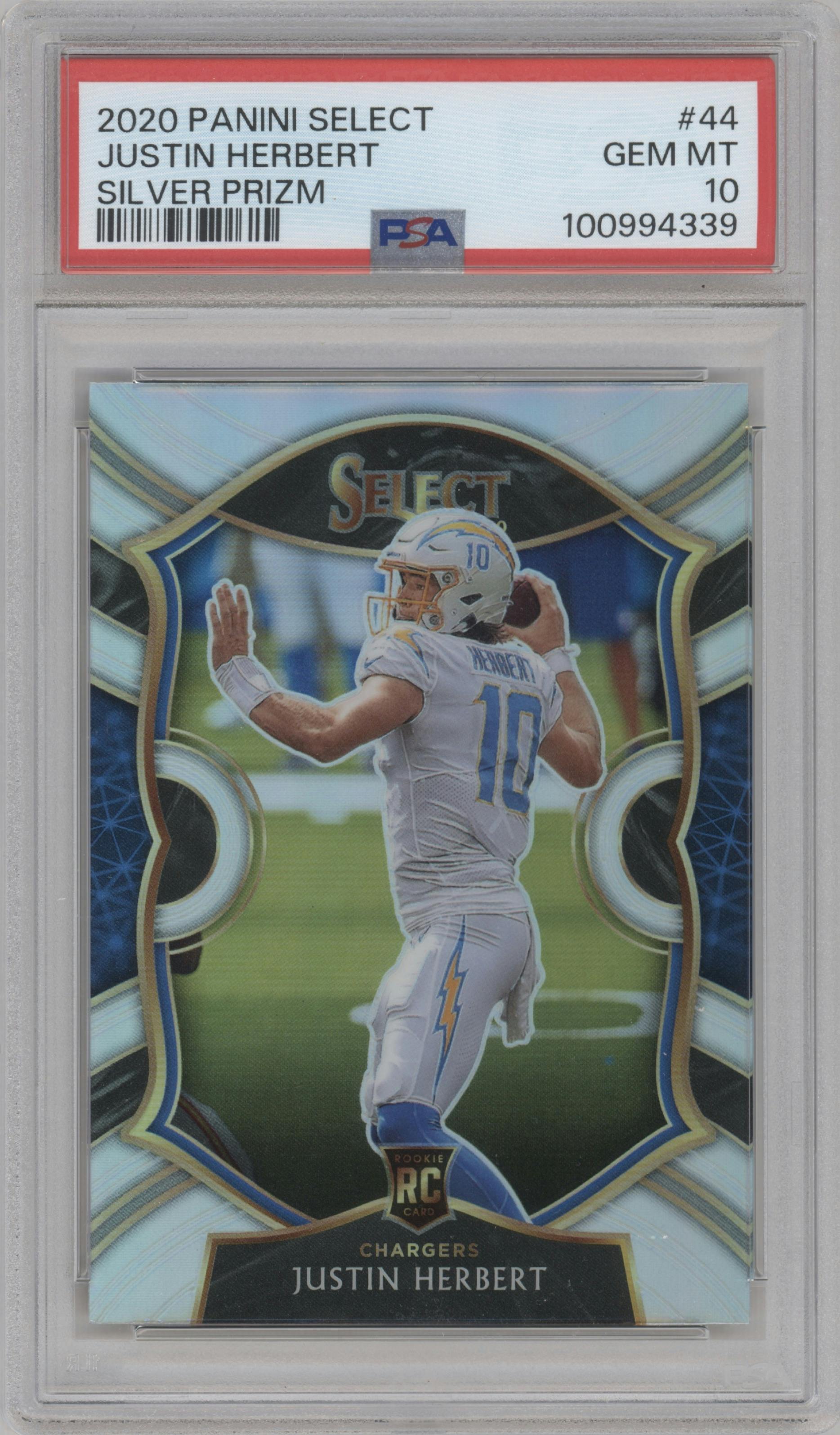 Justin Herbert from the 2020 Panini Select set featuring a Silver Prizm parallel graded by PSA and given an overall grade of 10.