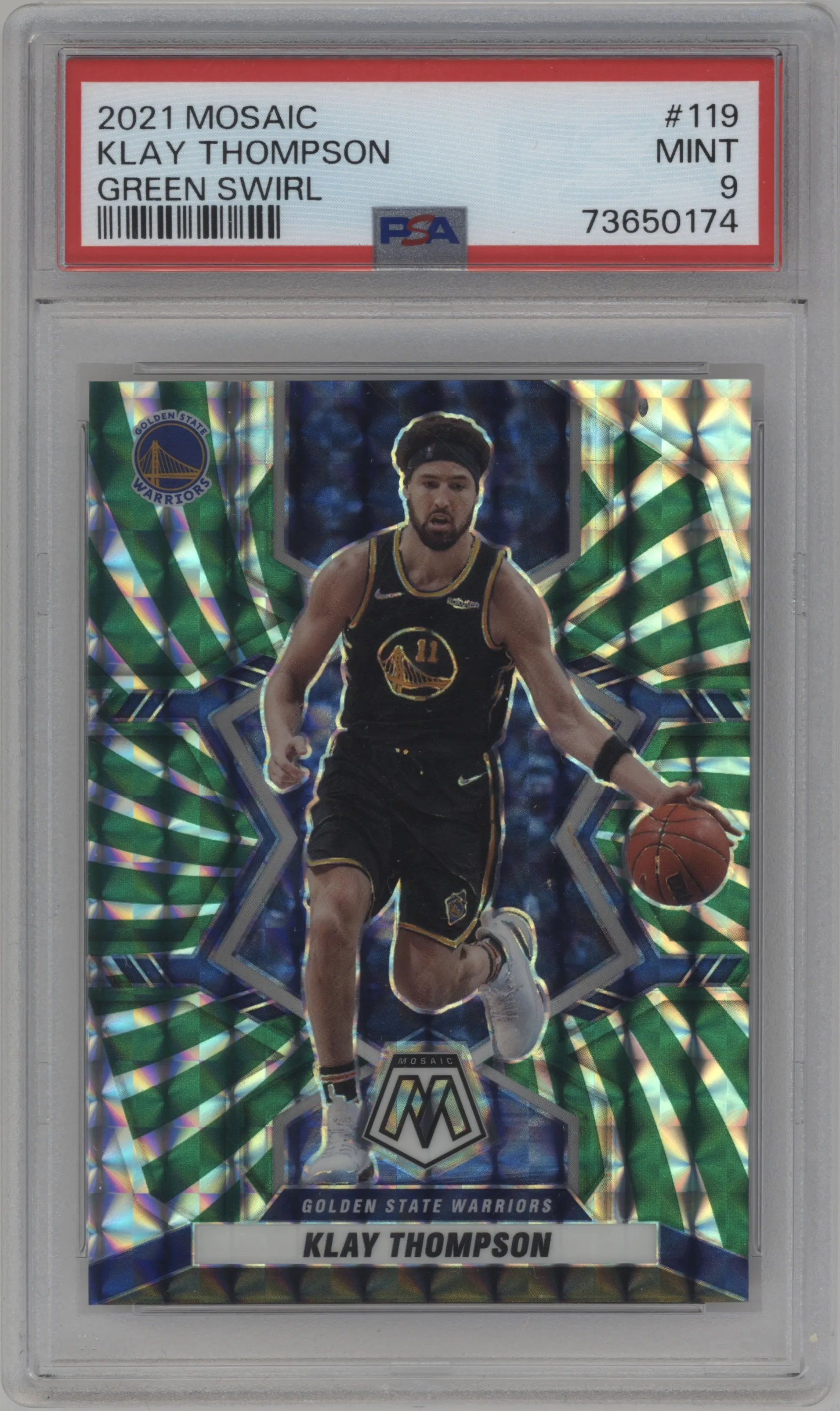 2021 Panini Mosaic Klay Thompson Green Swirl PSA 9