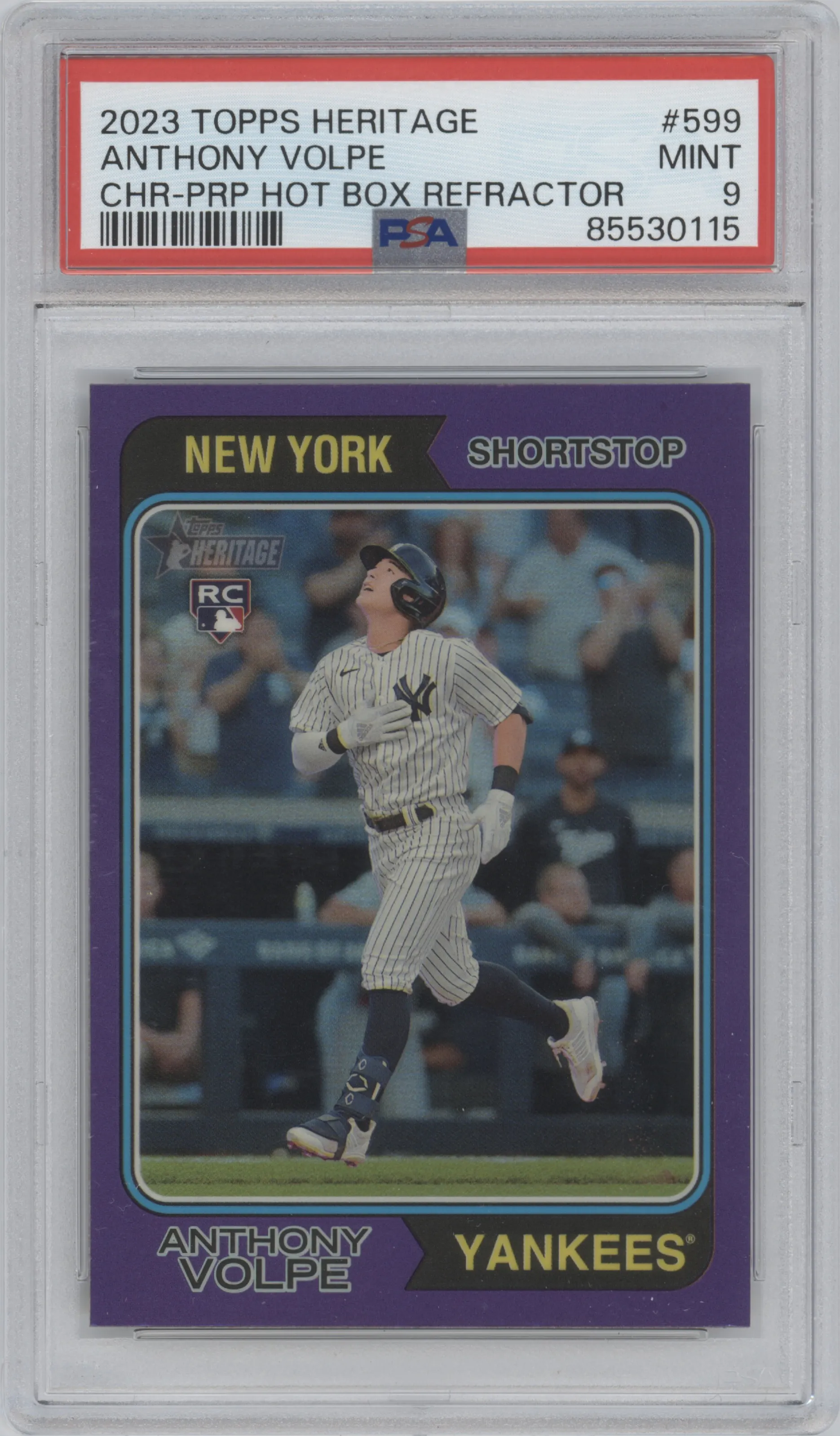 Anthony Volpe from the 2023 Topps Heritage High Number  set featuring a Hot Box Refractor parallel graded by PSA and given an overall grade of 9.