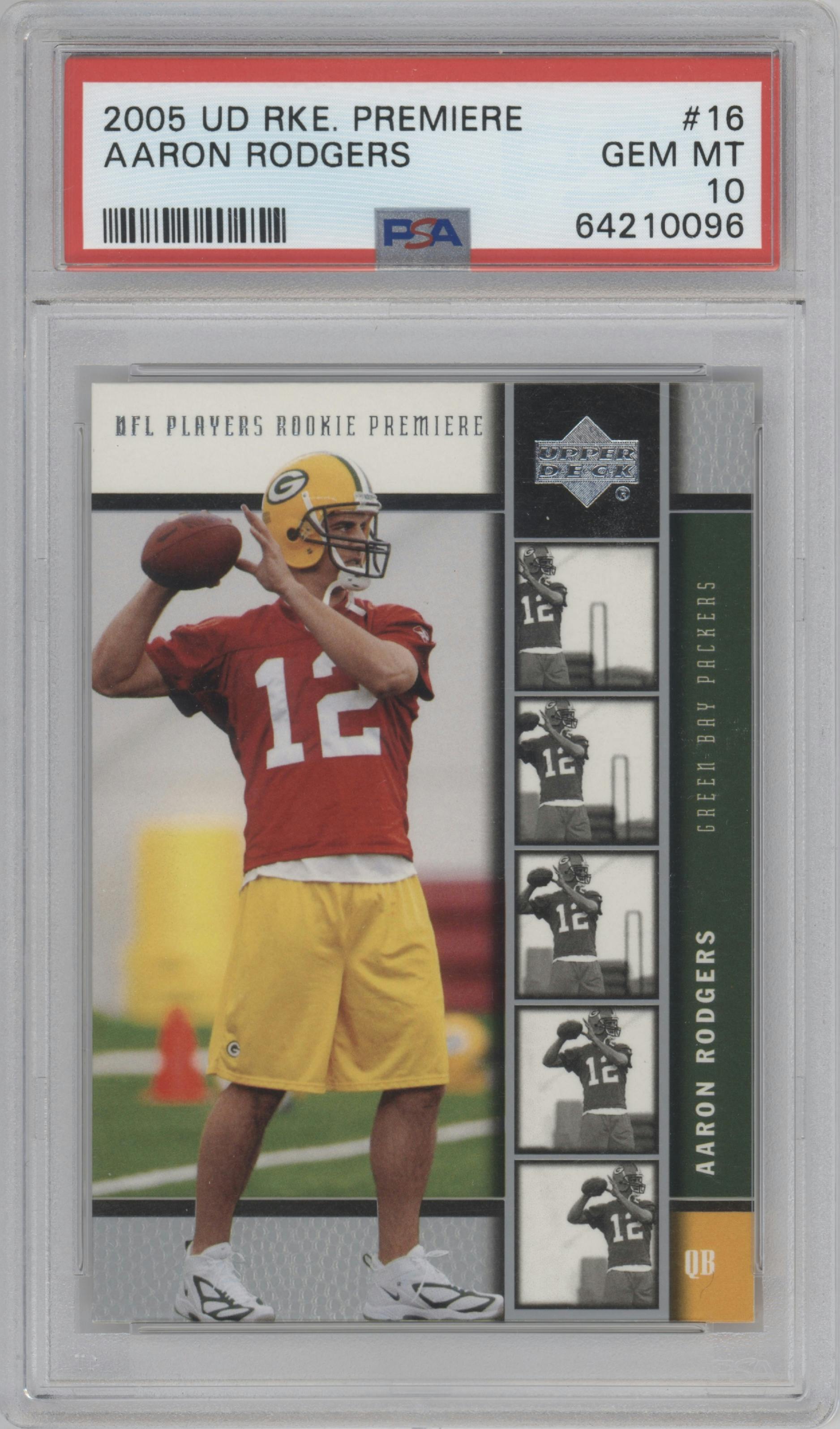 Aaron Rodgers from the 2005 Upper Deck Rookie Premiere set graded by PSA and given an overall grade of 10.