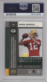 Aaron Rodgers from the 2005 Upper Deck Rookie Premiere set graded by PSA and given an overall grade of 10.
