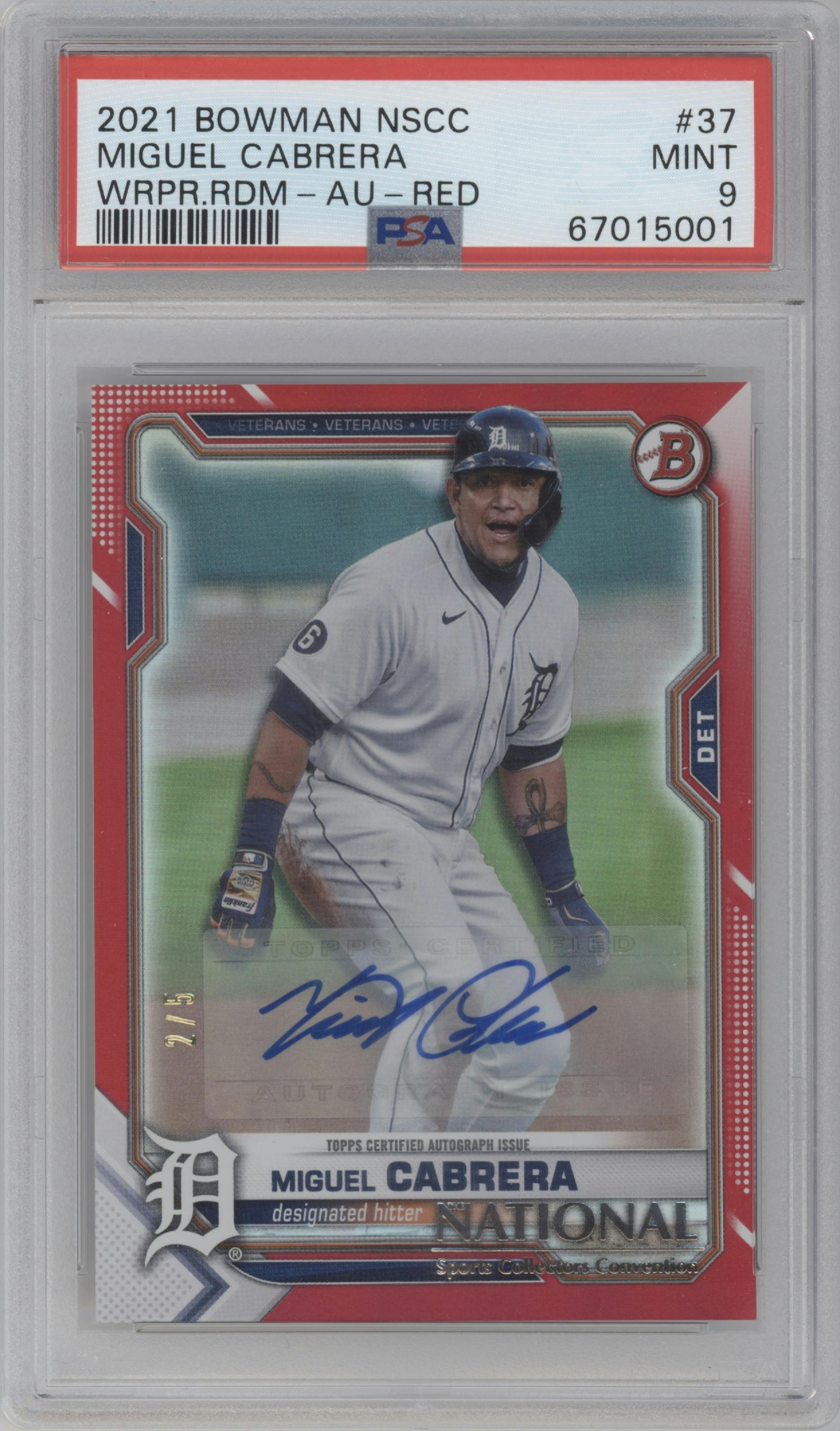 Miguel Cabrera from the 2021 Topps NSCC Bowman National Convention set featuring a Red Foil  parallel graded by PSA and given an overall grade of 9.